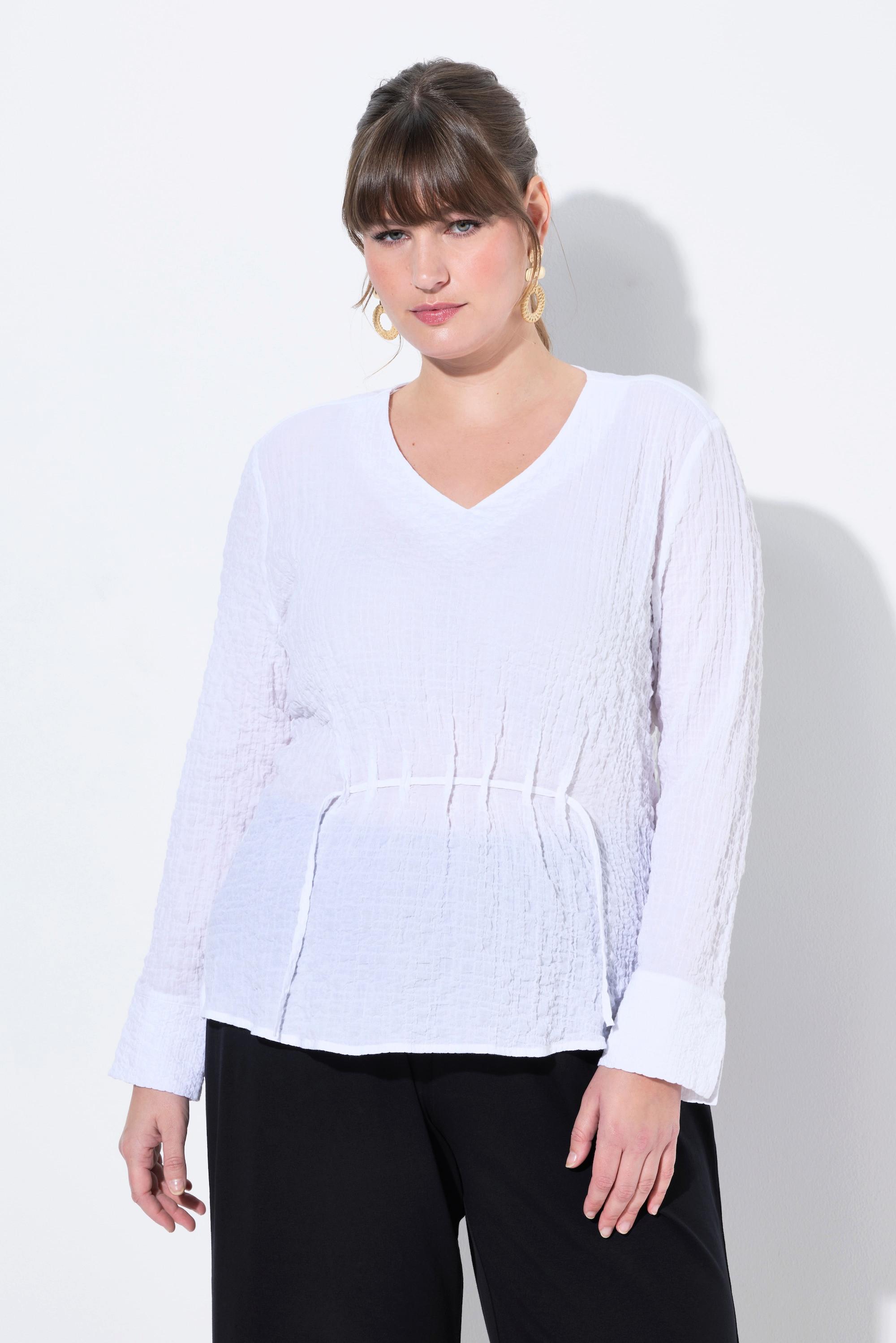 Ulla Popken Tunika-Bluse, Raffung, V-Ausschnitt, Langarm, Biobaumwolle