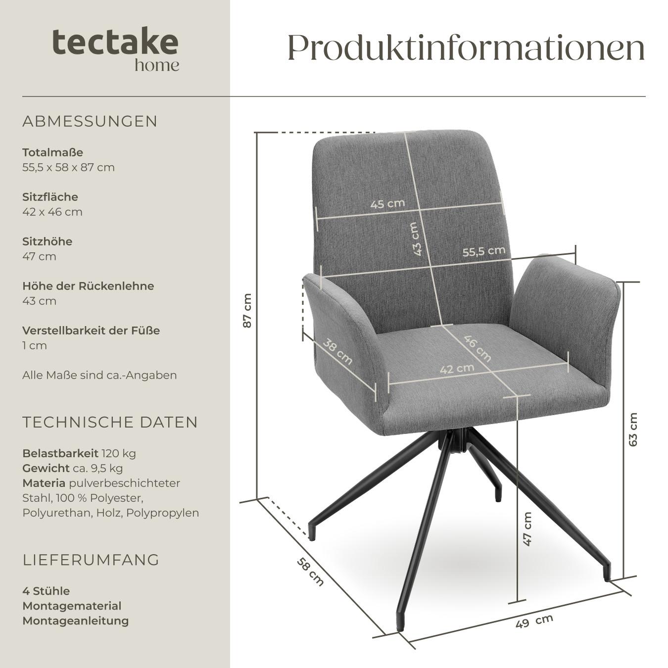 Tectake Drehbarer Armlehnstuhl robuster Webstoff, gepolstert 360° drehbar, höhenverstellbare Kunststofffüsse