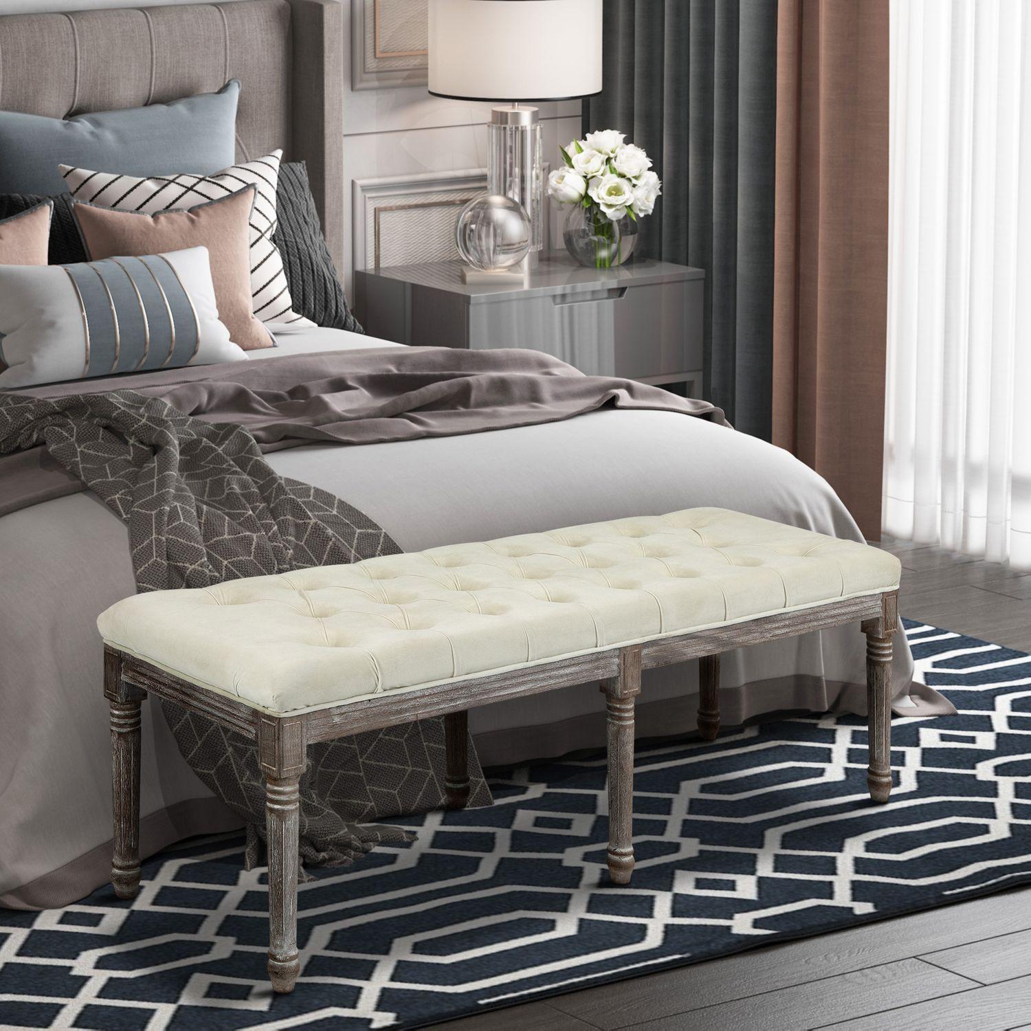 Northio Polsterbank Beige Vintage Bettbank Mit Knöpfen, Samtige Oberfläche, Gummiholz, 142X47X51Cm