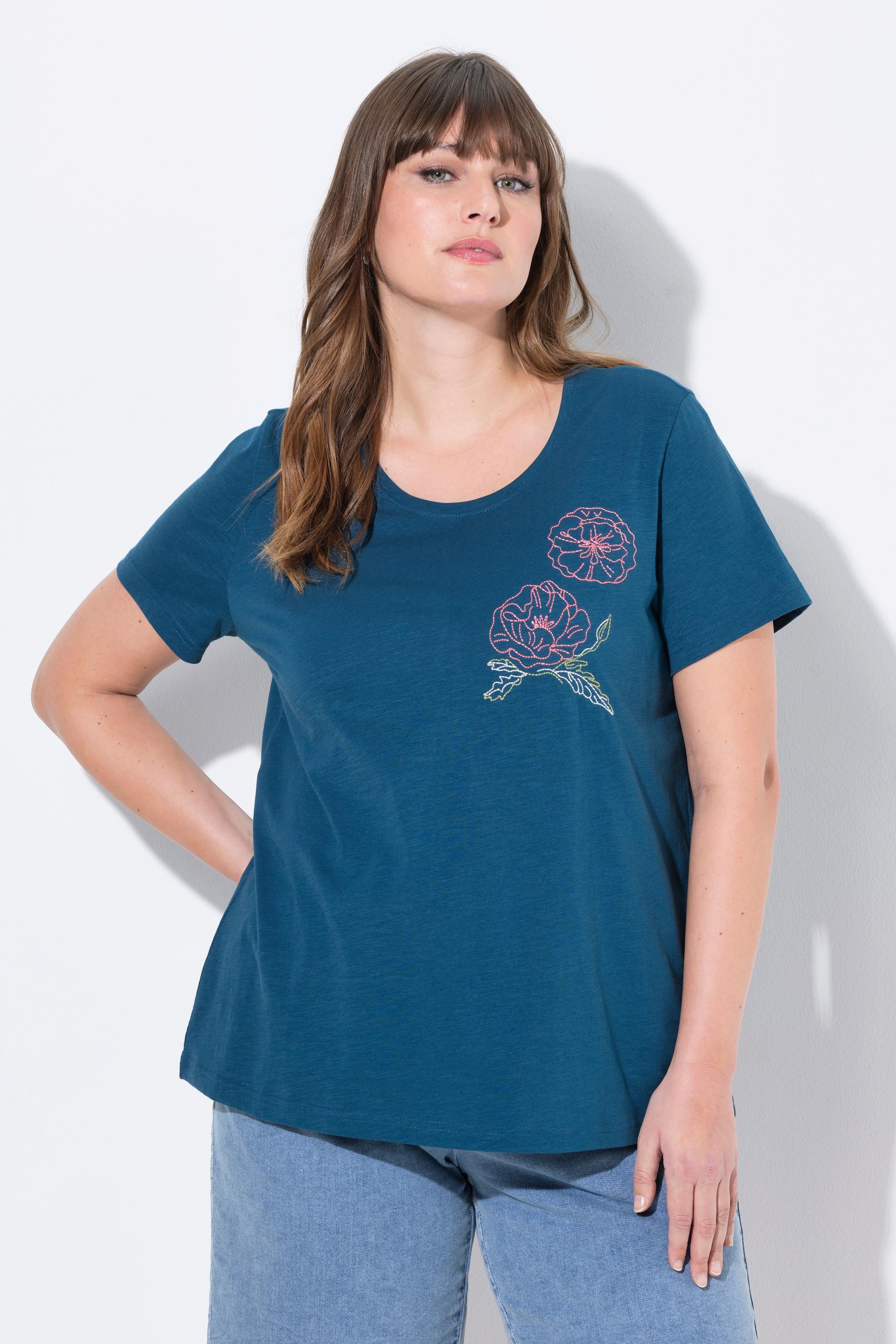 Ulla Popken T-Shirt Mohn-Stickerei Rundhals Halbarm