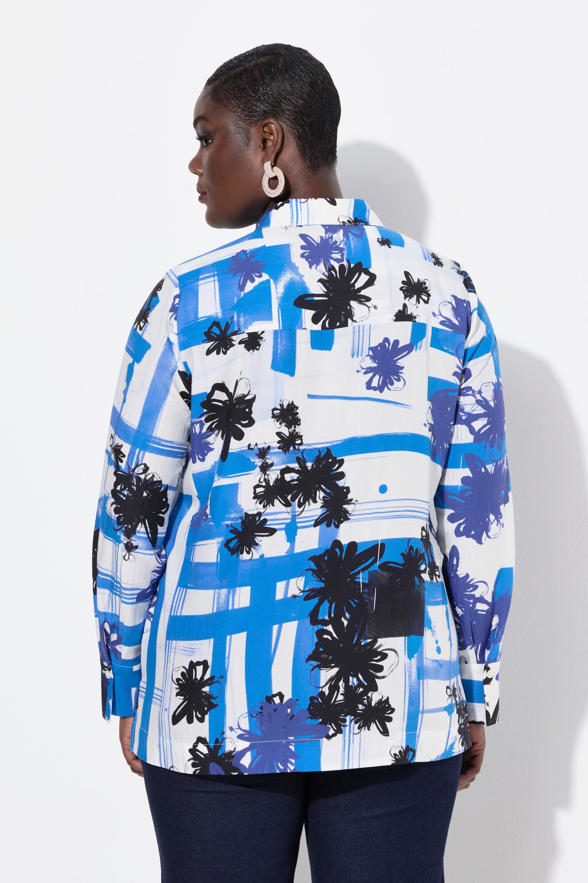 Ulla Popken Lyocell-Bluse, grafisches Design, Hemdkragen, Langarm