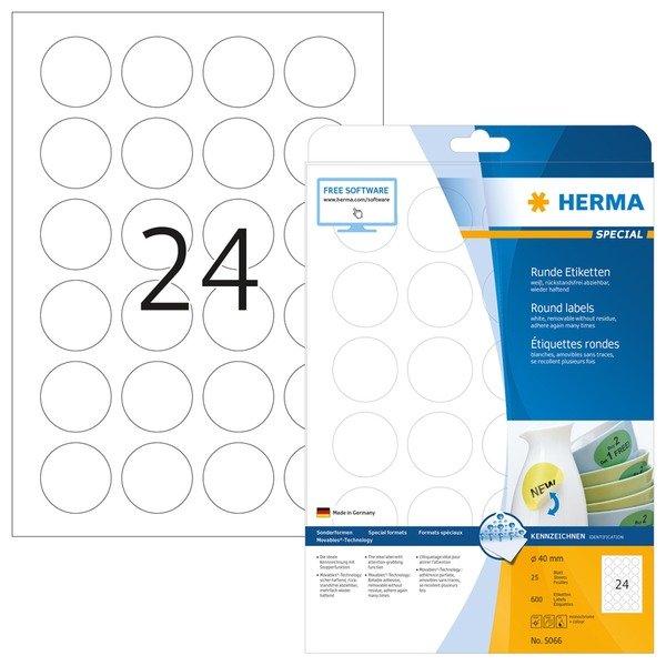 HERMA HERMA Rund-Etiketten 40mm 5066 weiss 600 St./25 Blatt