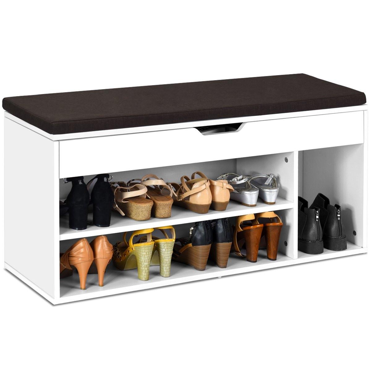 Northix Schuhbank Schuhkommode Schuhablage mit Sitzkissen Holz 104 x 48 x 30 cm Weiß/Natur-Weiß