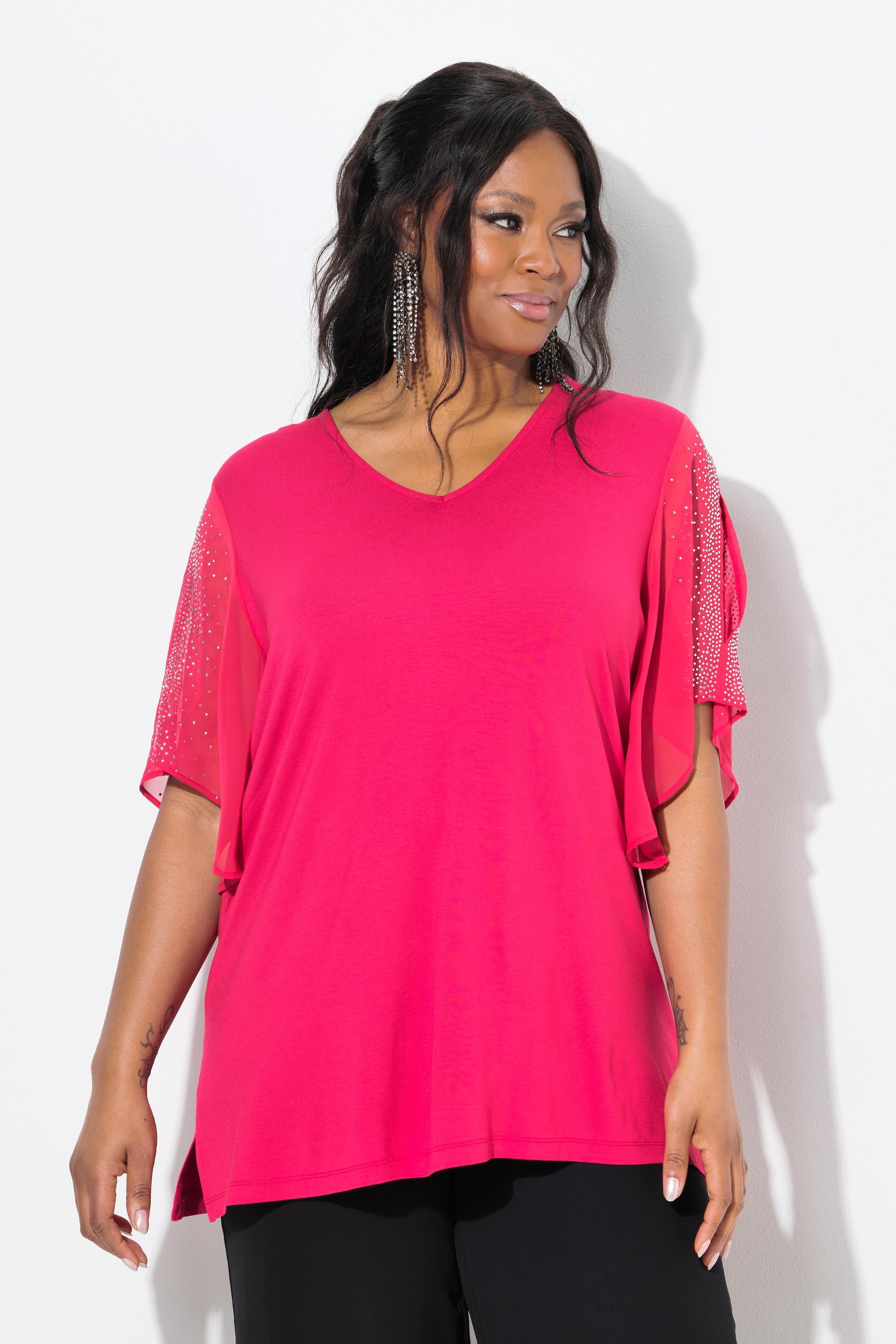 Ulla Popken T-Shirt mit Ziersteinen und 3/4 Chiffonärmeln A-Linie