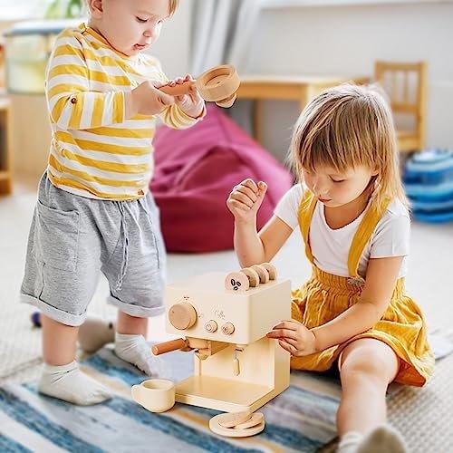 Activity-board Hölzerne Kaffeemaschine mit Dreh- und Druckknöpfen, ideales Zubehör für die Kinderküche
