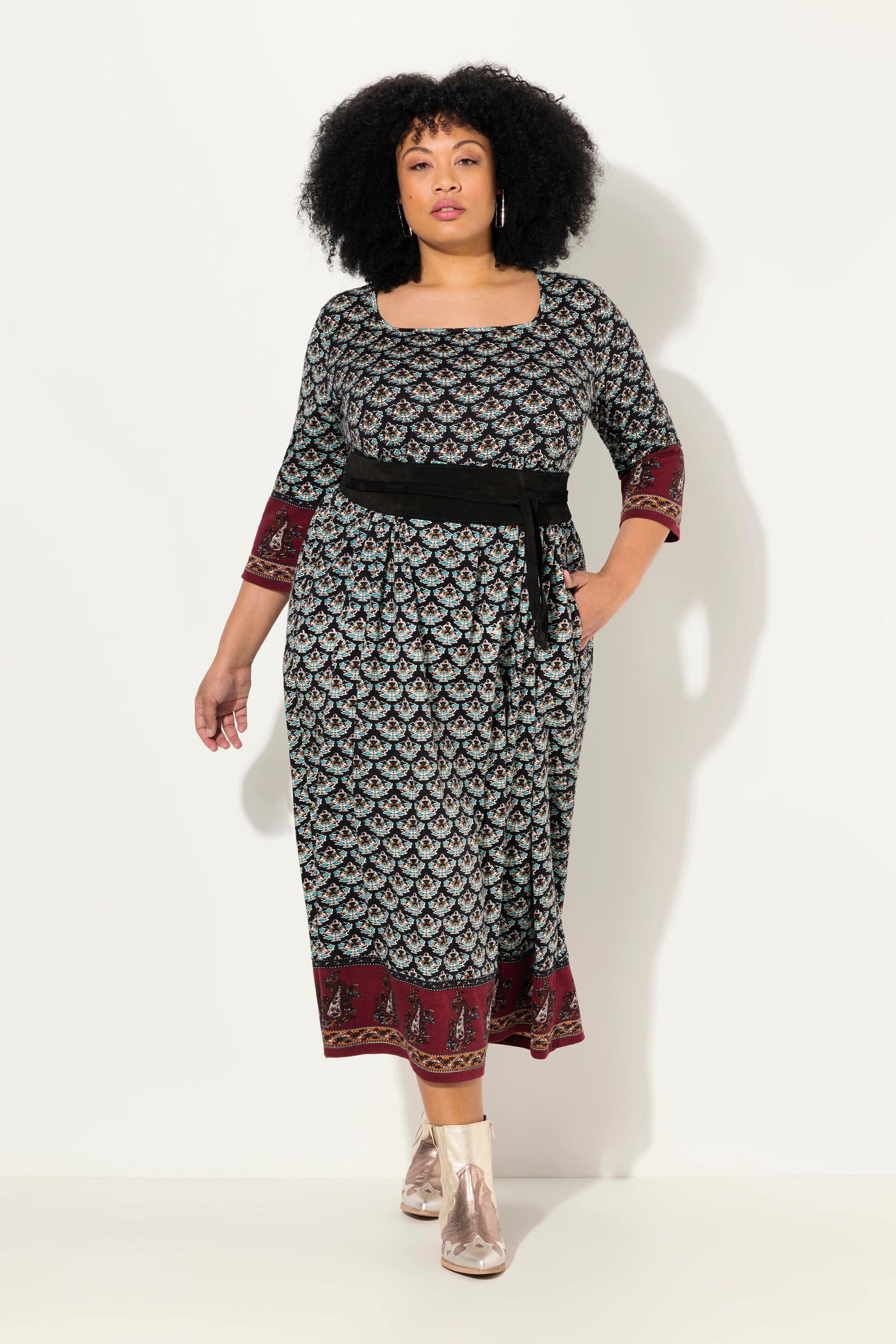 Ulla Popken Jerseykleid A-Linie Carree-Ausschnitt 3/4-Arm mit Taschen