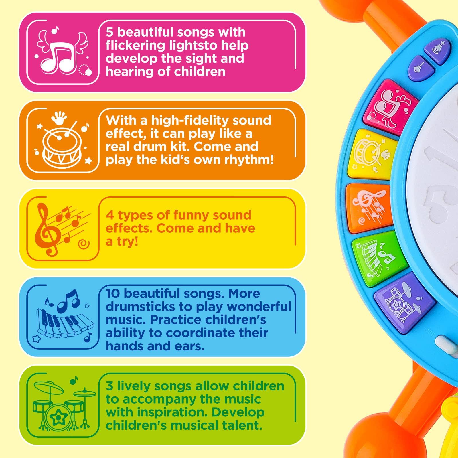 Activity-board Musikalisches Tischtrommel-Set für Anfänger mit Trommelstöcken, Mikrofon, Lichtfunktionen, interaktiver Musik und Geräuschen