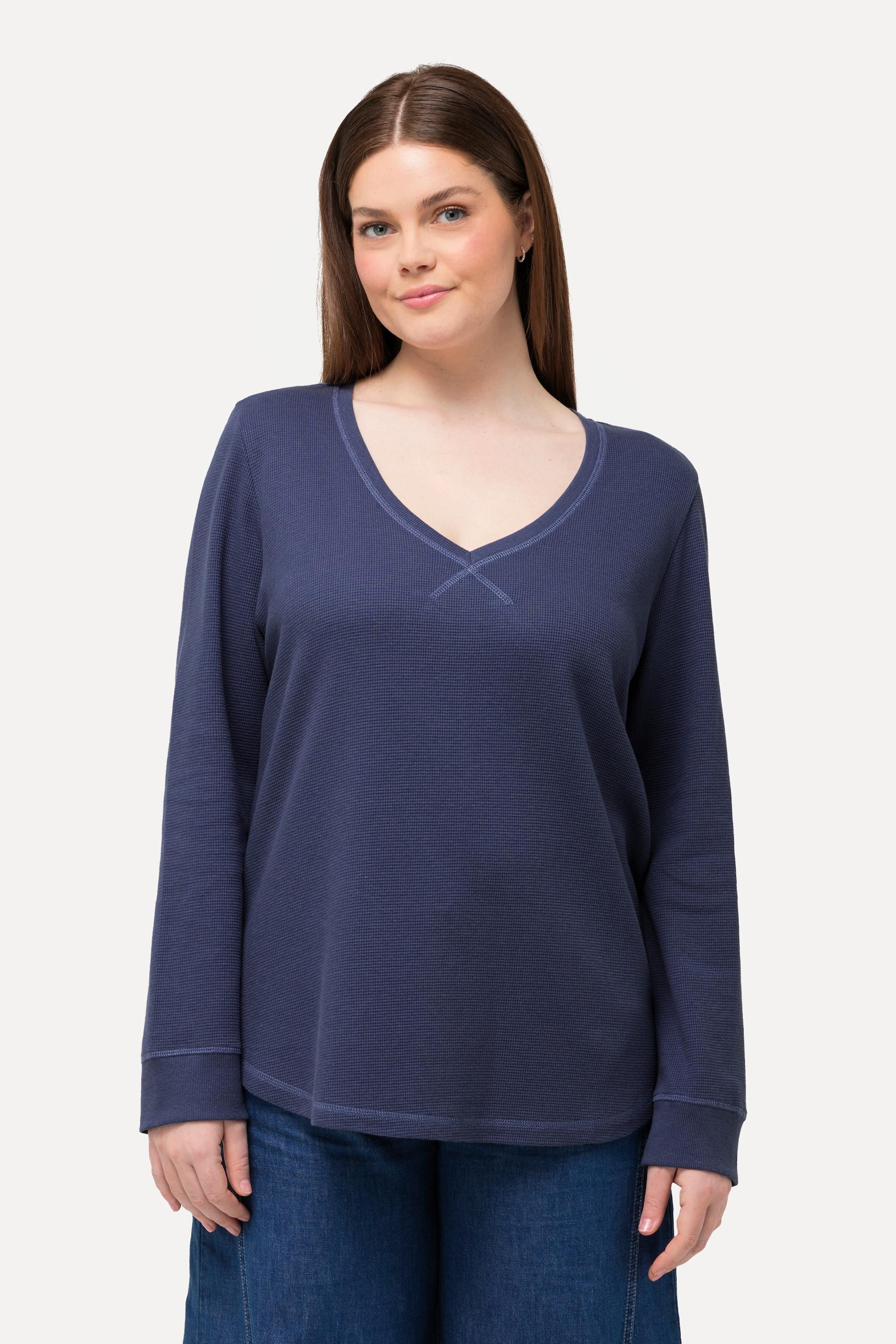 Ulla Popken Sweatshirt, Waffelstruktur, V-Ausschnitt, Biobaumwolle
