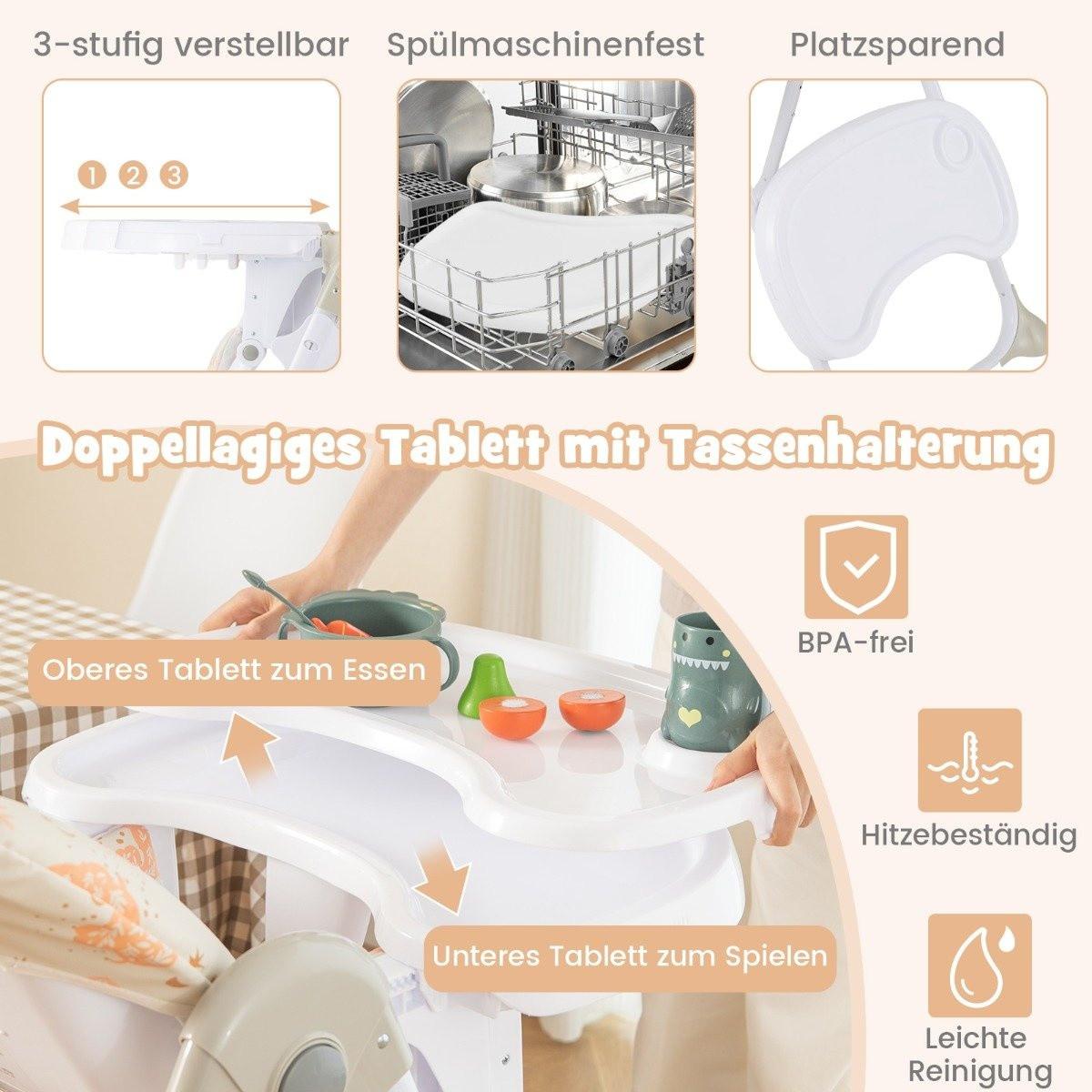 B2X 6 in 1 Umwandelbarer Babyhochstuhl mit Liegefunktionen & Doppeltablett Klappbarer Hochstuhl Beige