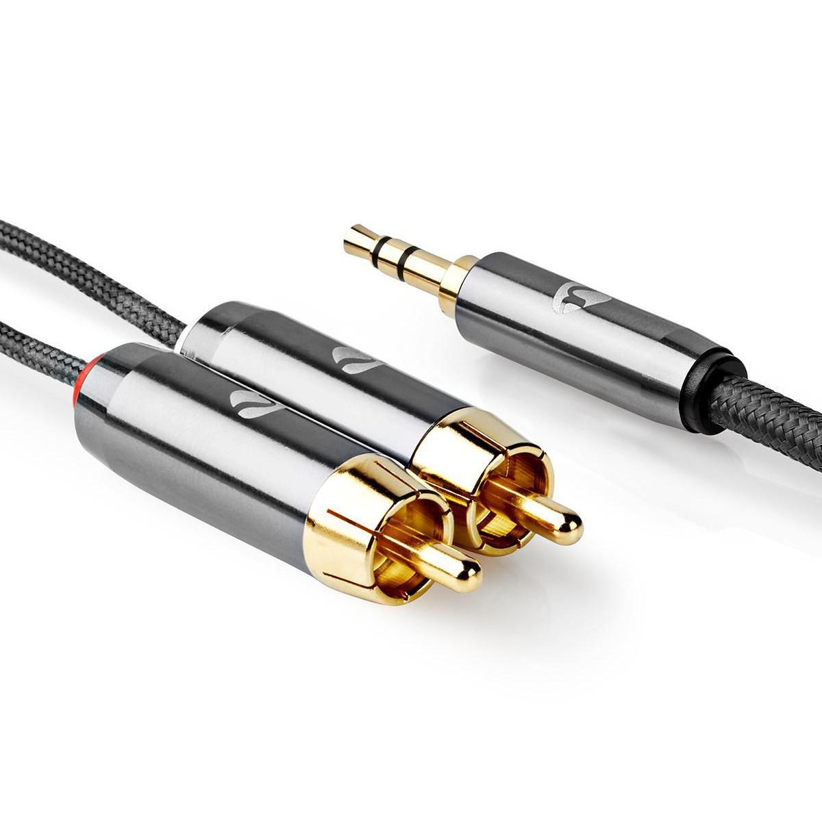 Nedis Stereo-Audiokabel | 3,5 mm Stecker | 2x RCA Stecker | Vergoldet | 5,00 m | Rund | Grau mit Metall | Box mit abgedecktem Fenster