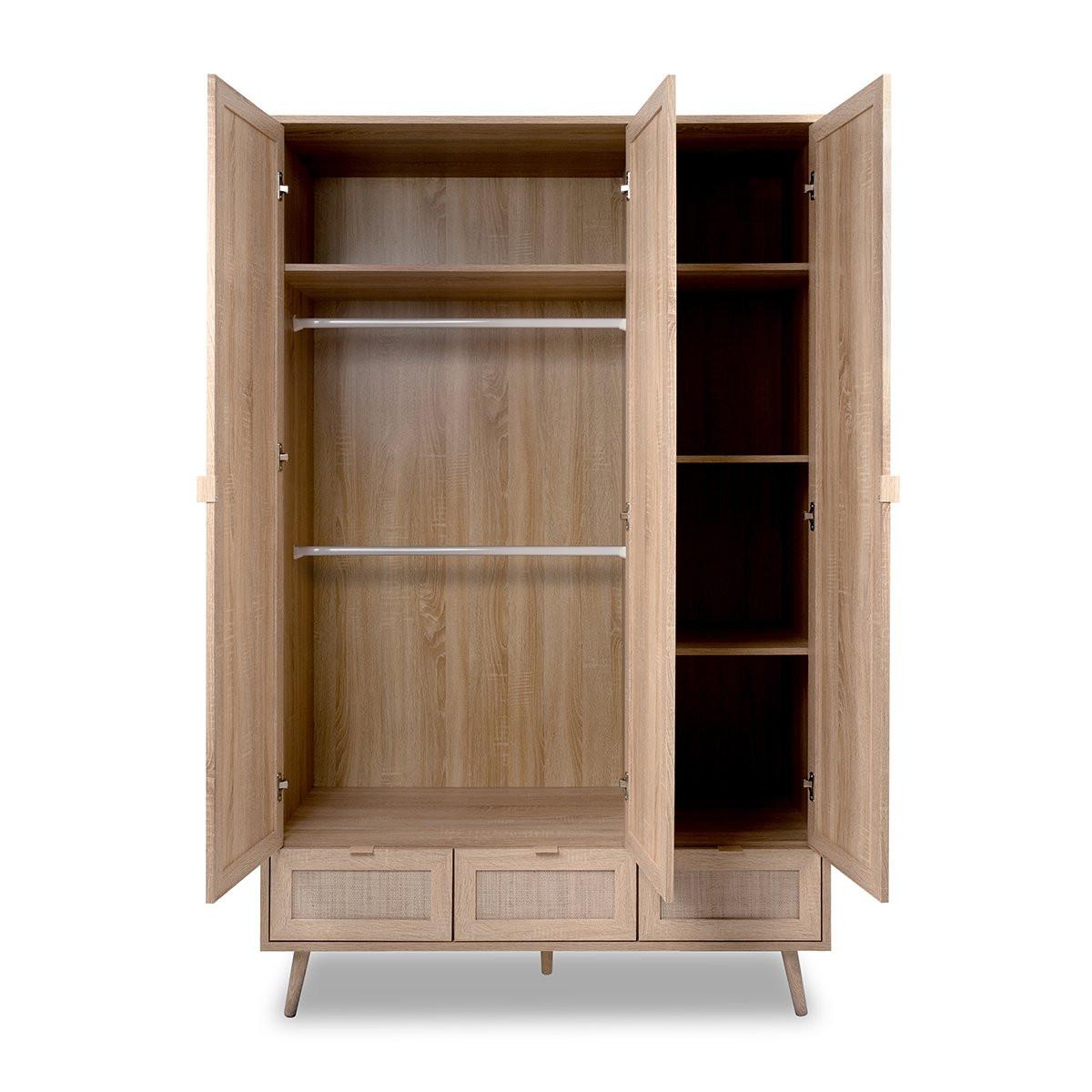 Calicosy Schrank mit 3 Türen, 3 Schubladen, 2 Kleiderstangen L120cm - Rattan-Druck - Bali