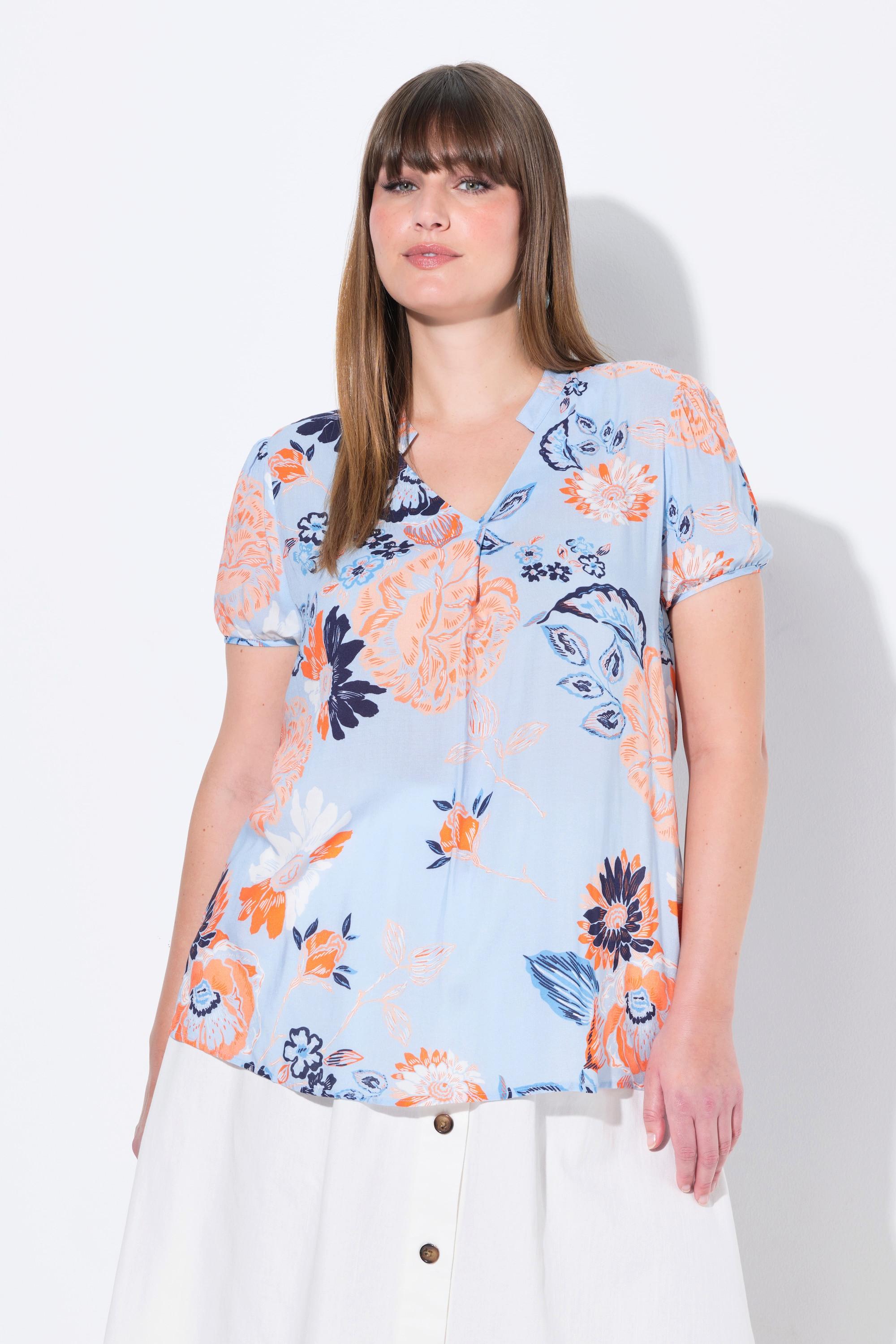 Ulla Popken Tunika, Blüten, Stehkragen, V-Ausschnitt, Halbarm