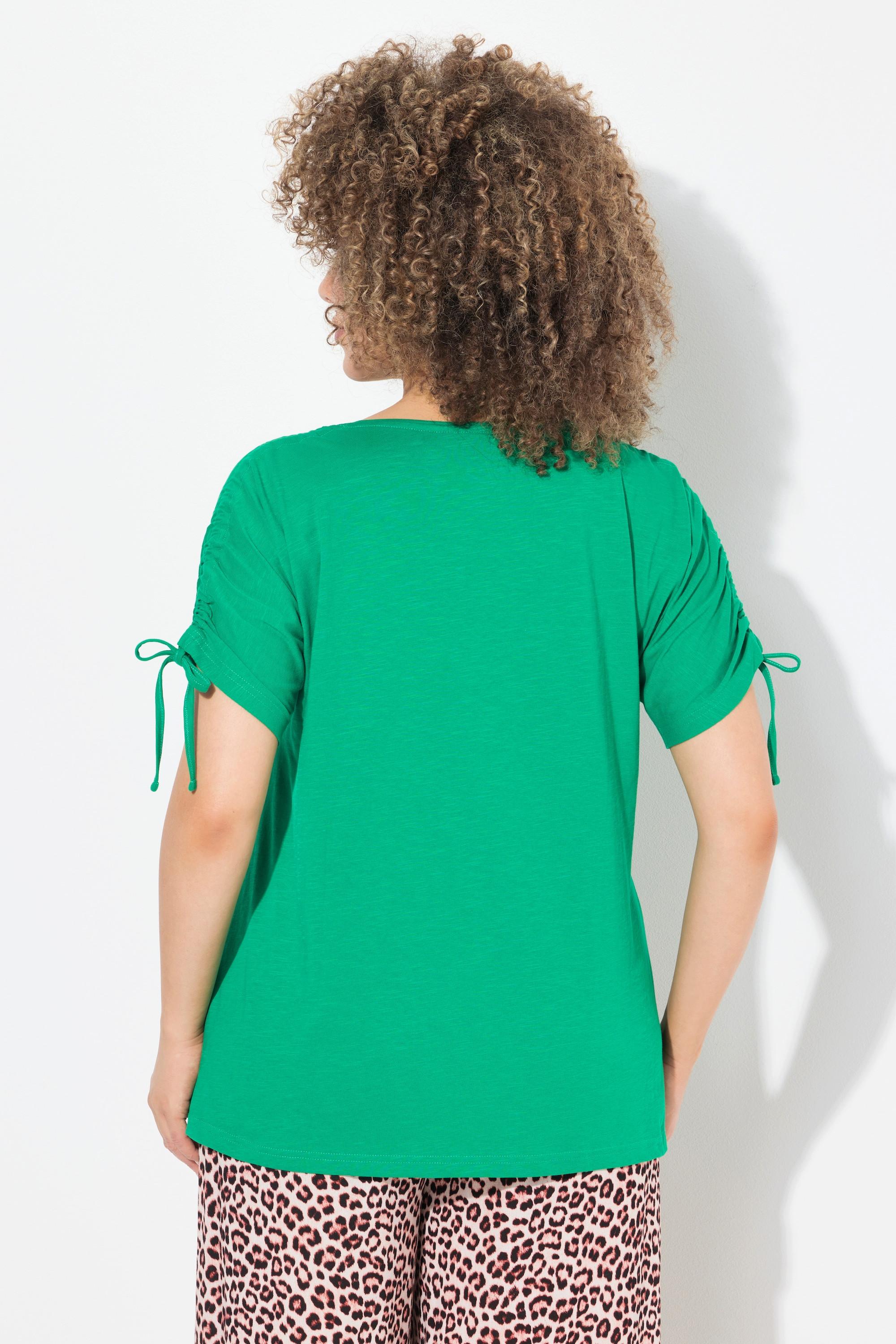 Ulla Popken Oversized Rundhals T-Shirt mit Schriftzug und Raffband