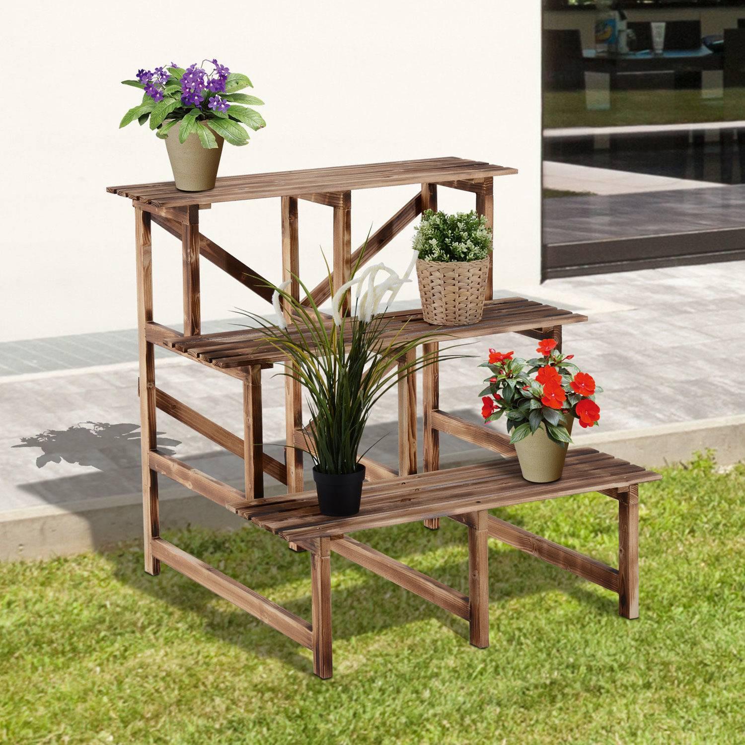Northio Pflanzentreppe Blumenregal 3 Stufen aus Tannenholz 80 x 80 x 78cm für Garten Balkon & Terrasse
