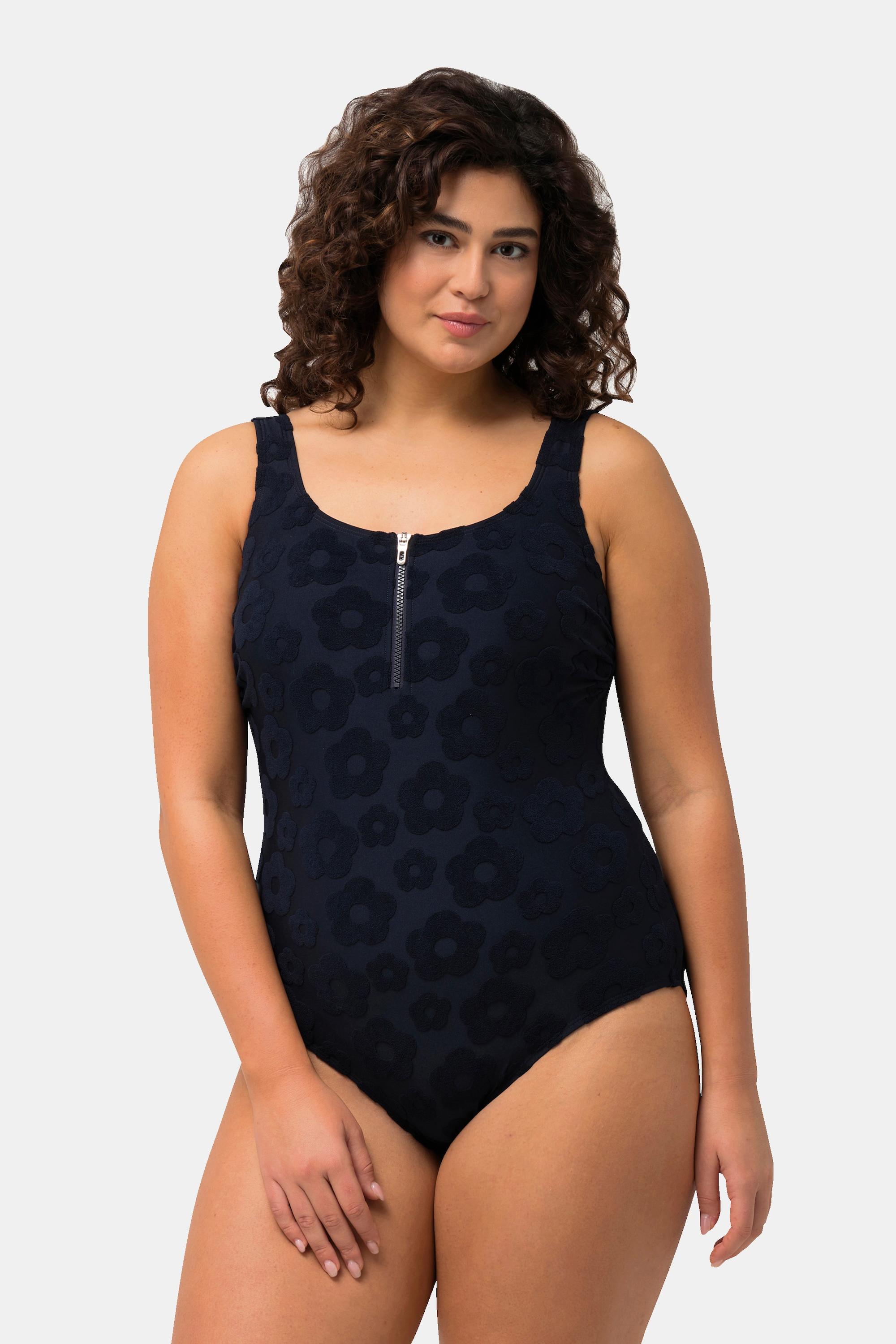 Ulla Popken Badeanzug, Blumen-Struktur, Zipper, ohne Softcups