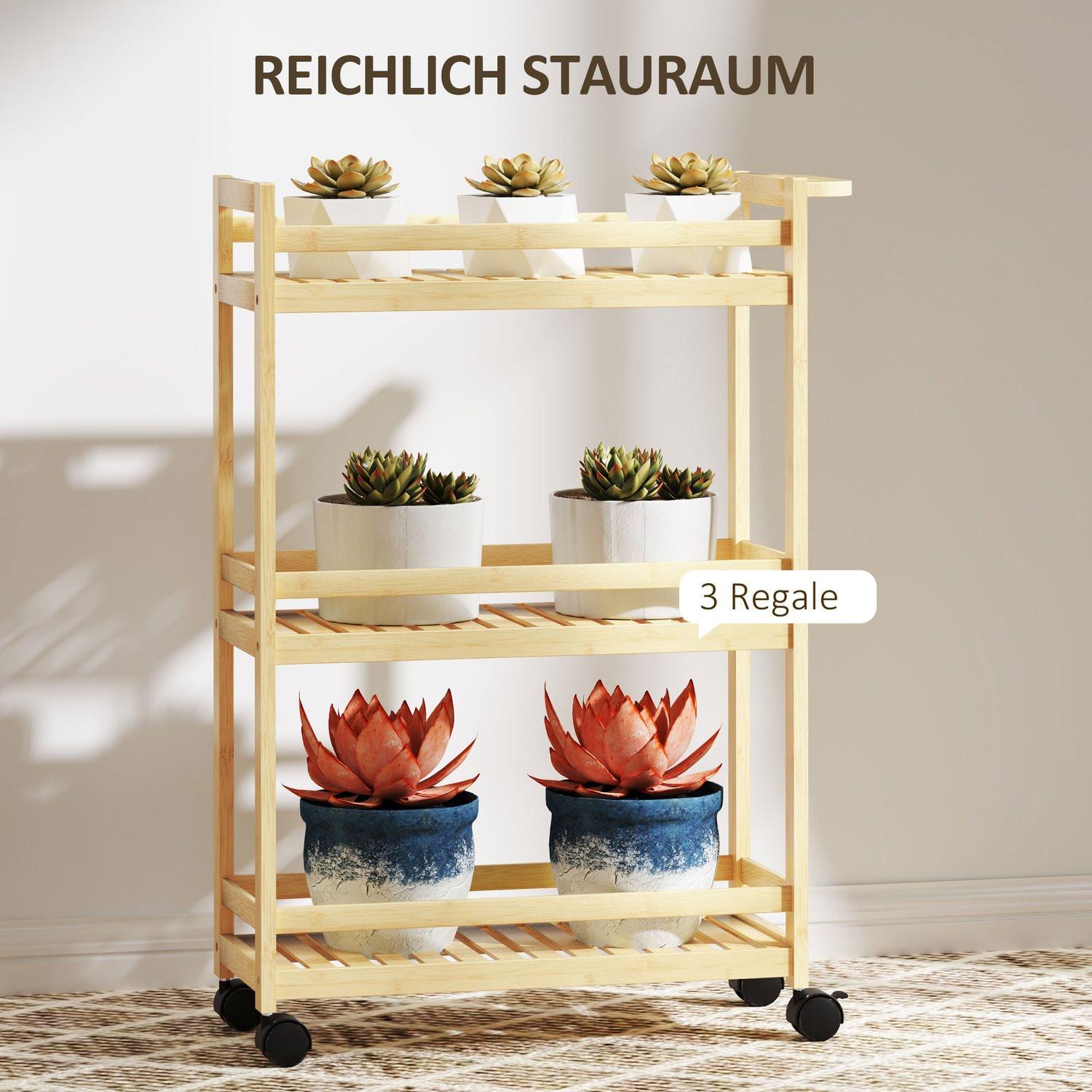 Northio 3-stöckiger Servierwagen aus Bambus, Küchenwagen mit Rolle, Allzweckwagen mit Griff, Lagerwagen für Büro, Wohnzimmer, Küche, 55 x 20 x 75 cm, Naturholz
