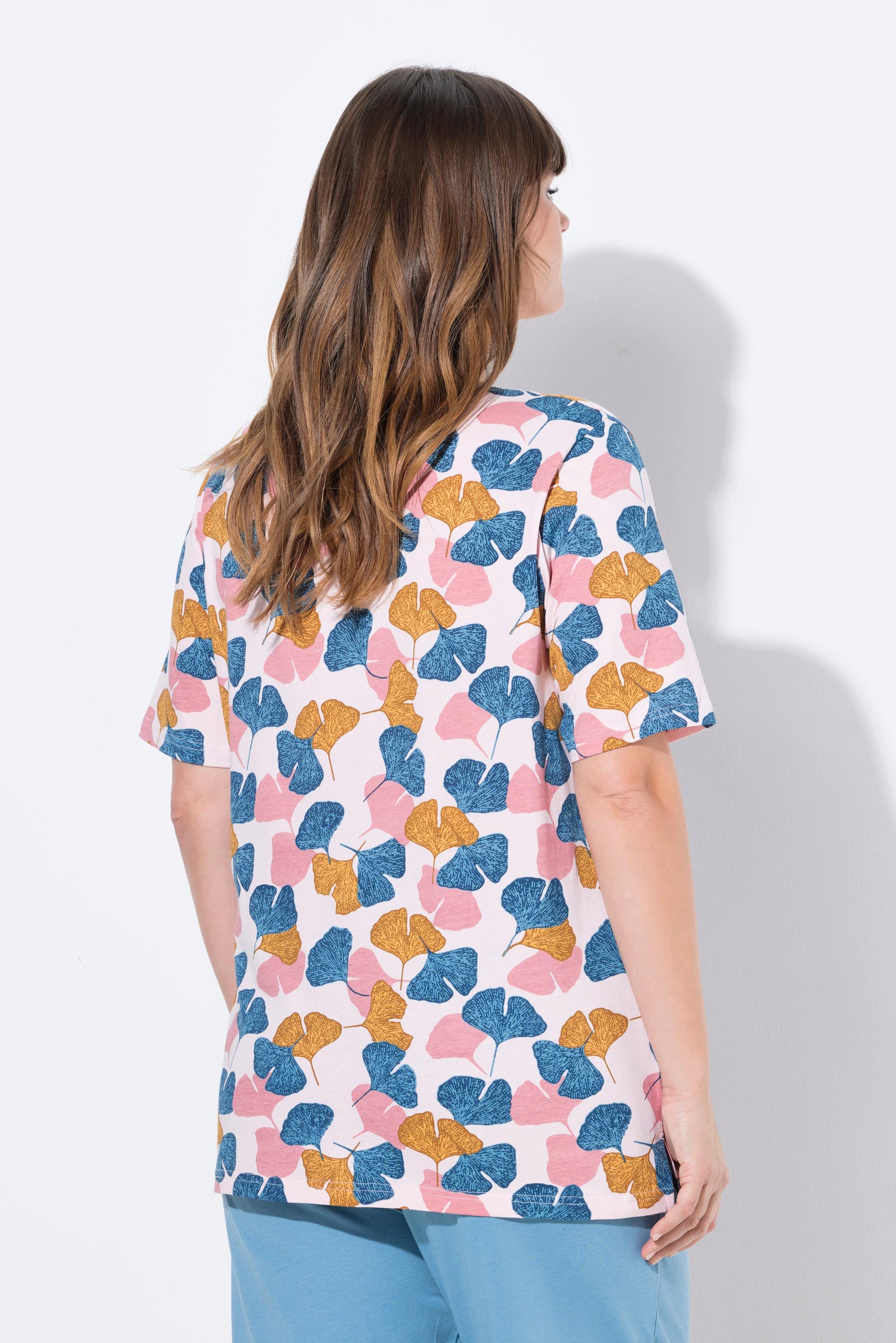 Ulla Popken Pyjamashirt, Gingko, Rundhals, Halbarm