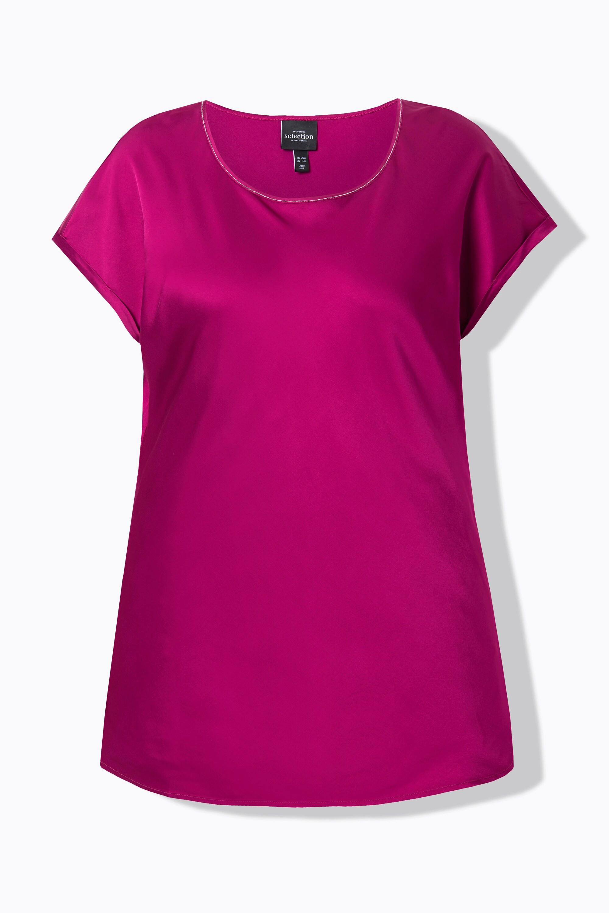 Ulla Popken Satinblusenshirt Classic Rundhals mit Glitzernaht ärmellos
