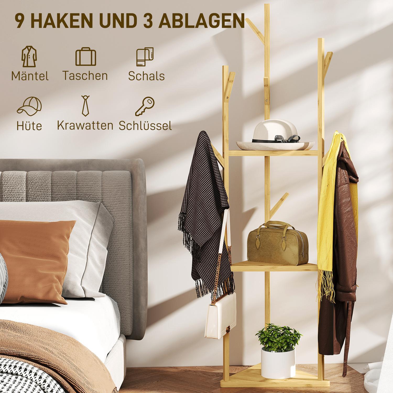 Northio Garderobenständer, Kleiderständer mit 8 Haken, 3 Ebenen, Jackerständer für Hüte, Kleidung, Eingang, Flur, 45 x 45 x 170 cm, Bambus, Natur |