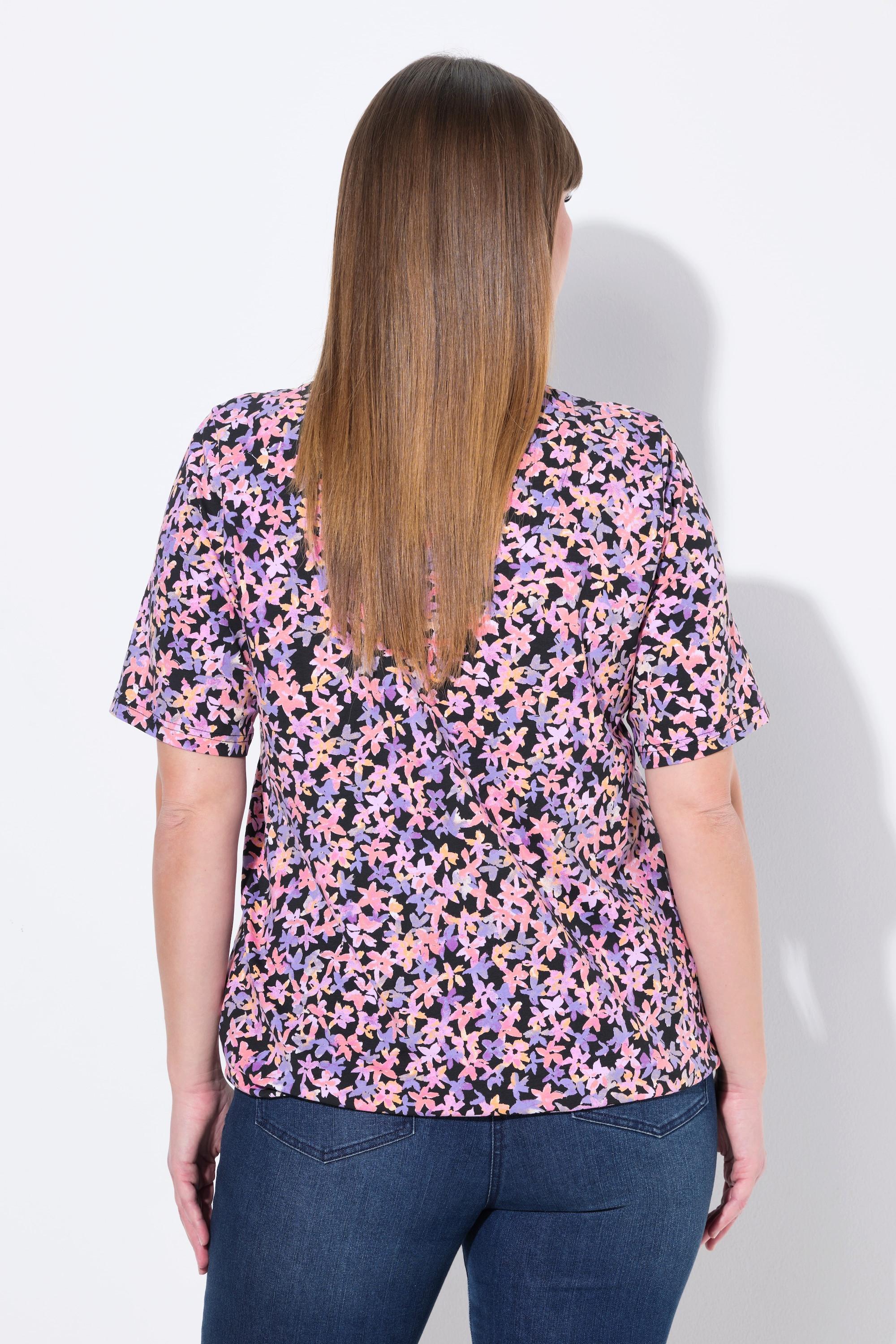Ulla Popken T-Shirt mit Blumendruck V-Ausschnitt Halbarm und Gummisaum
