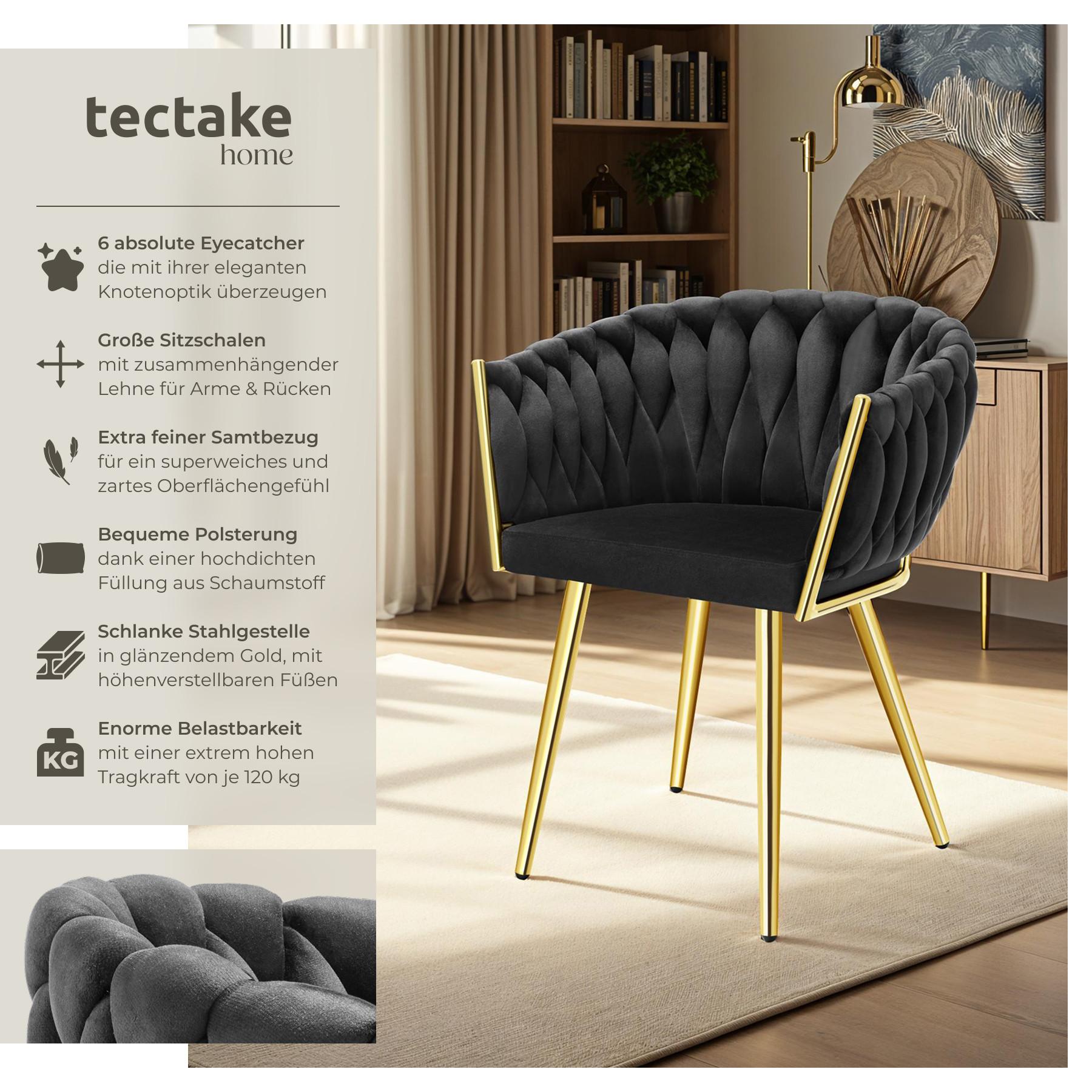 Tectake Set Esszimmerstuhl gepolstert, mit Samtbezug, Knotendesign durchgehende Lehne