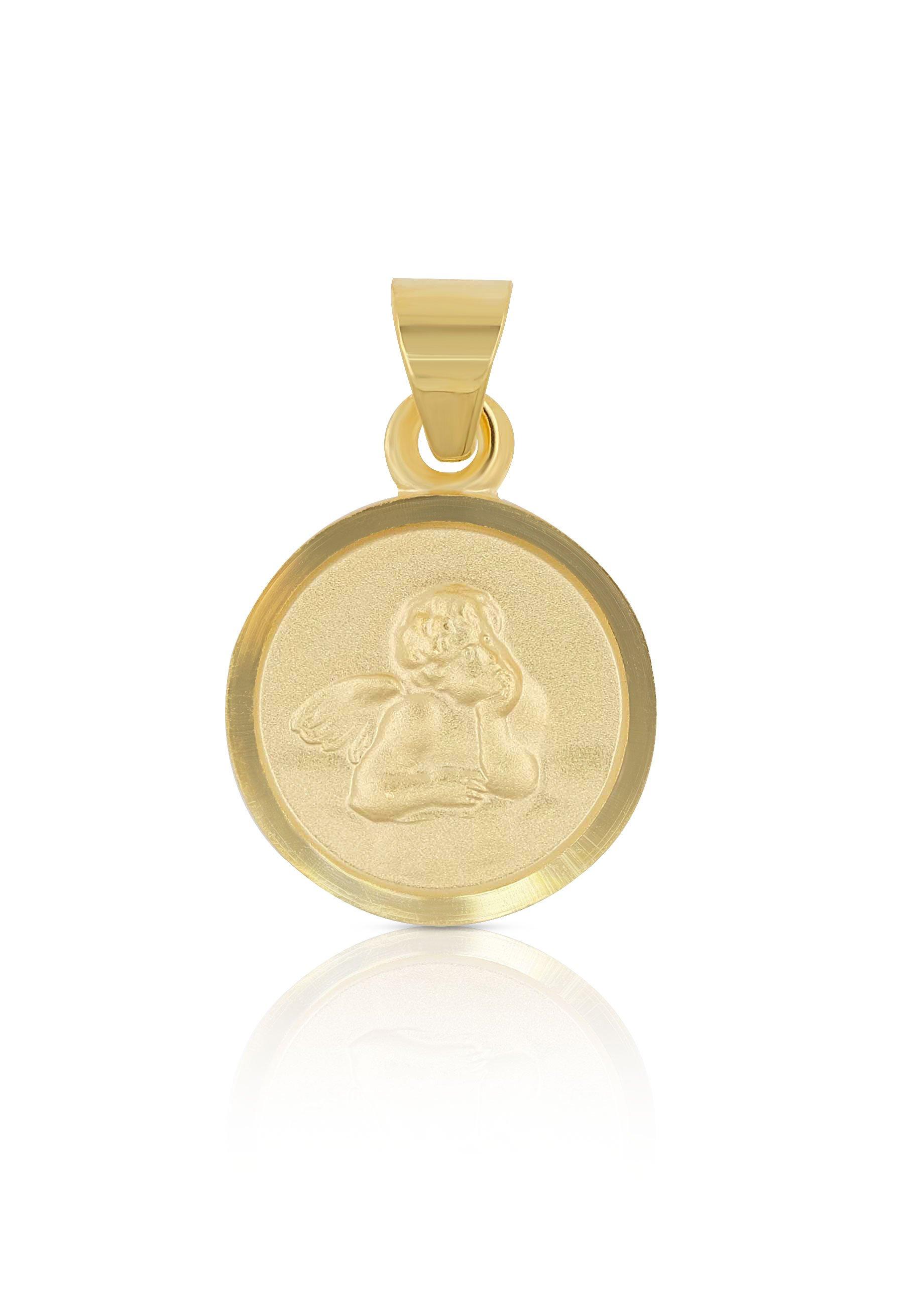 MUAU Schmuck Anhänger Medaille Engel Gelbgold 750, 10mm