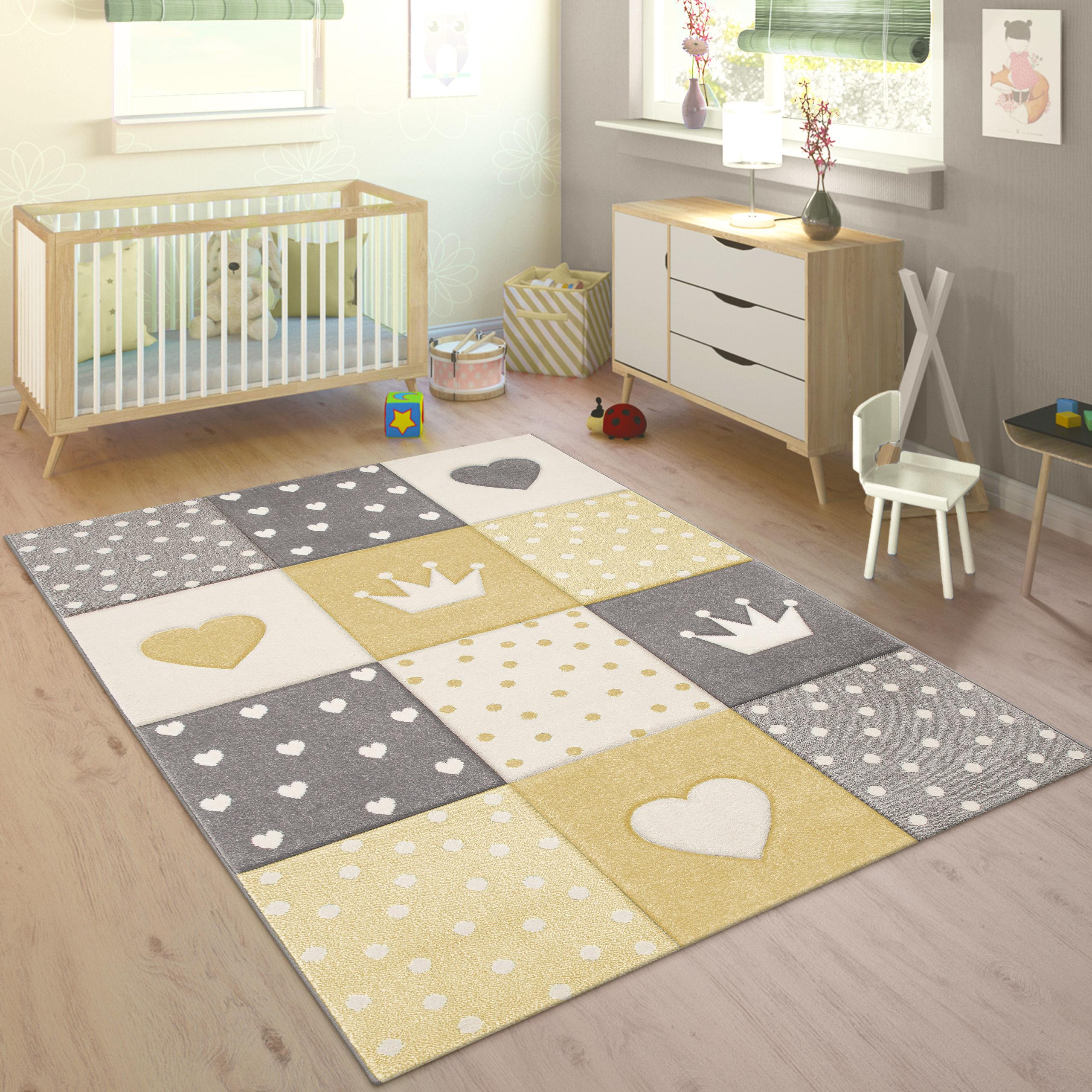 Paco Home Kinderteppich Kariert Herzen Sterne Gelb