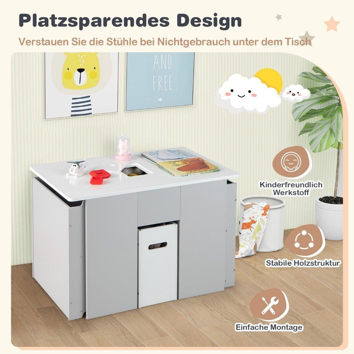 Northix 3-Teiliges Set aus Tisch & Stühlen für Kinder 4-in-1 Aktivitätstisch mit 2 Stapelbaren Stühlen Grau & Weiß