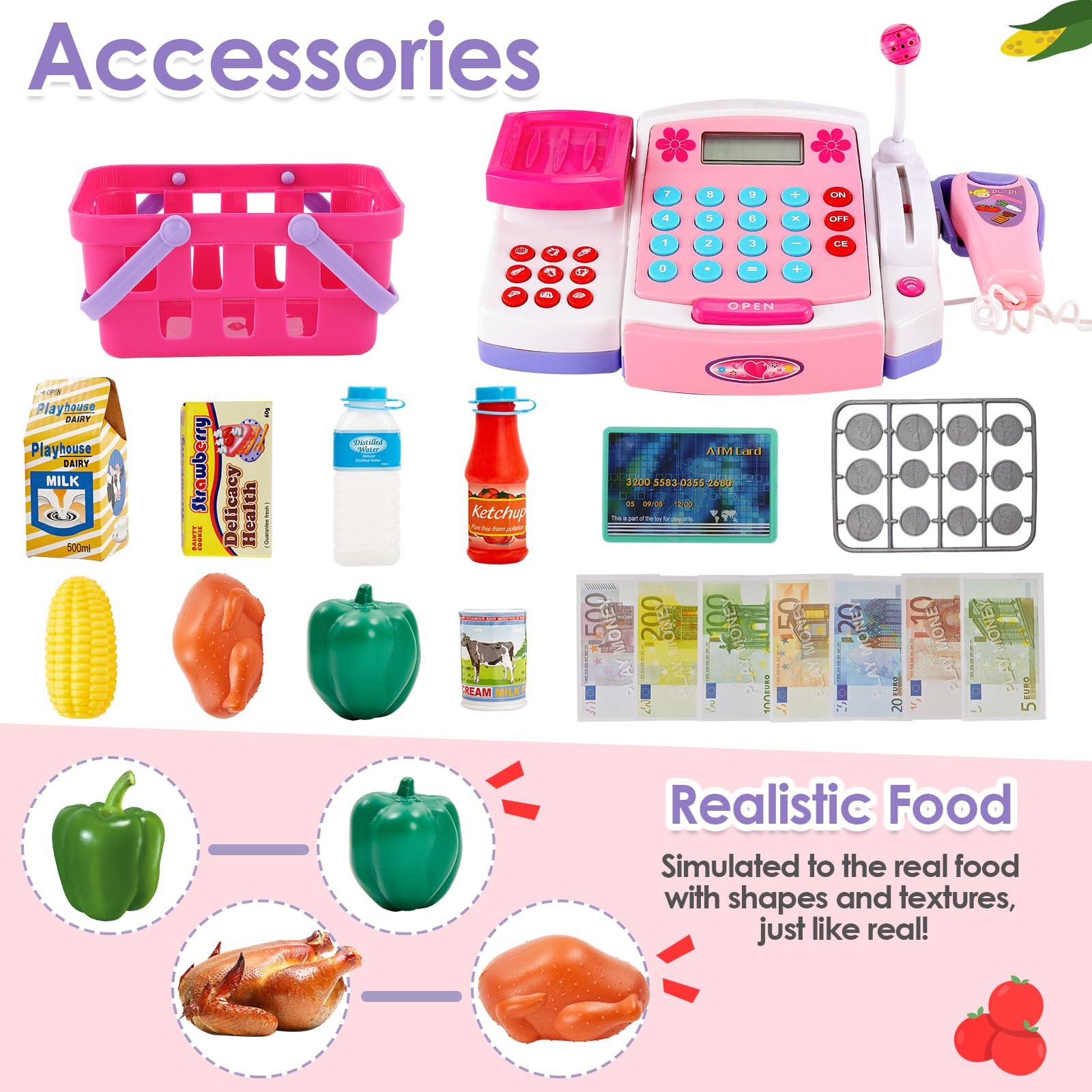 Activity-board Großes Kinder-Kassenspielzeug mit Scanner, Waage, Lautsprechermikrofon, Taschenrechner, Spielkasse mit Licht und Sound, Laden-Zubehör