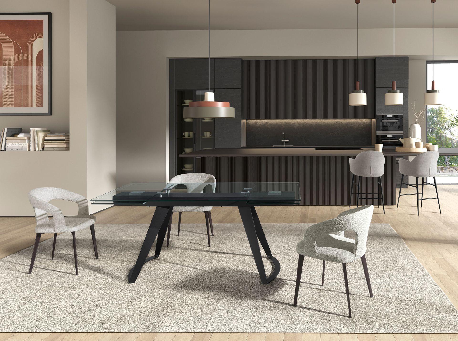 ANGEL CERDA Rechteckiger ausziehbarer Esstisch aus gehärtetem Glas undem Stahl