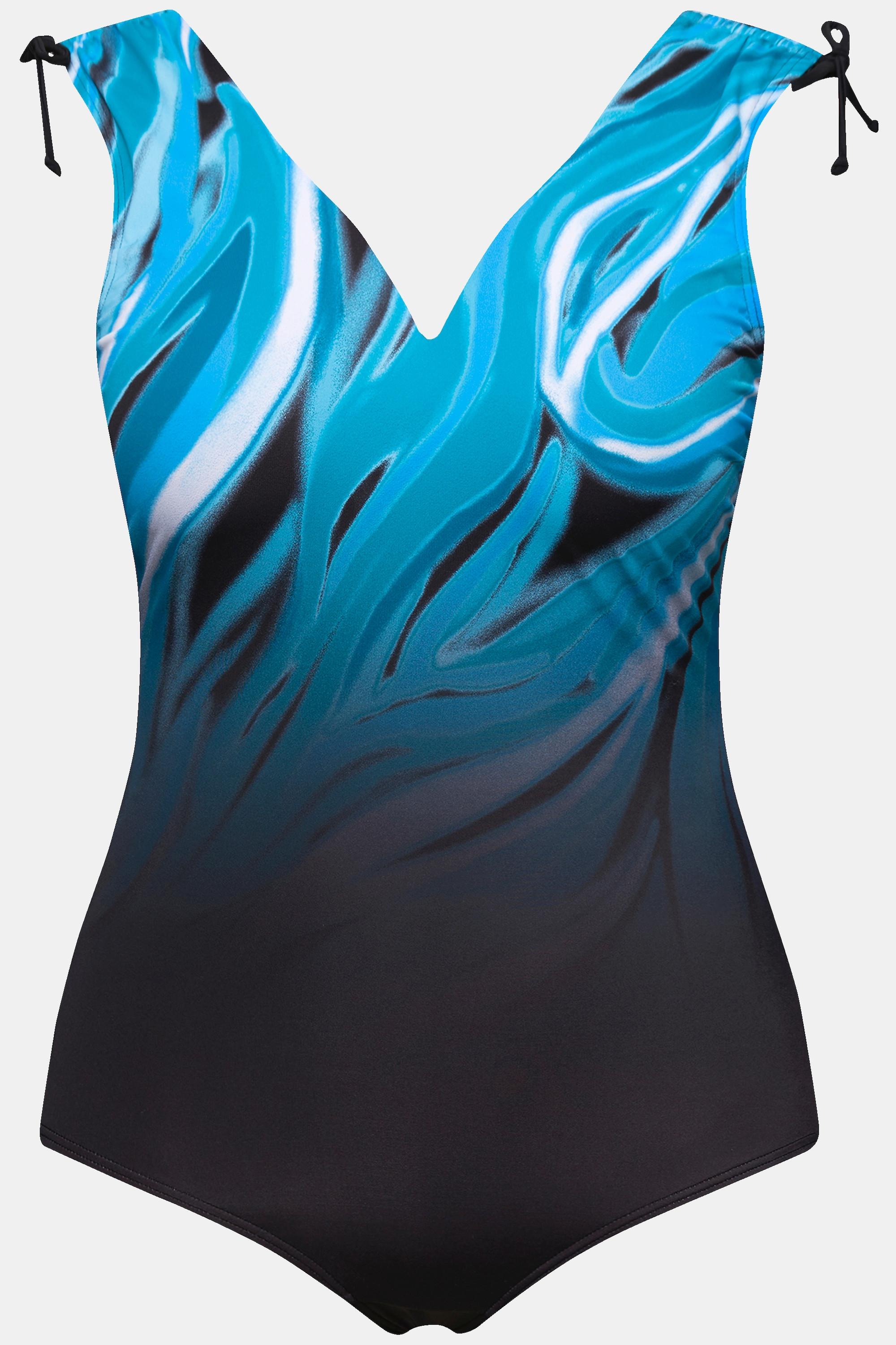 Ulla Popken Badeanzug, Tiefseemuster, Softcups, Raffband, recycelt