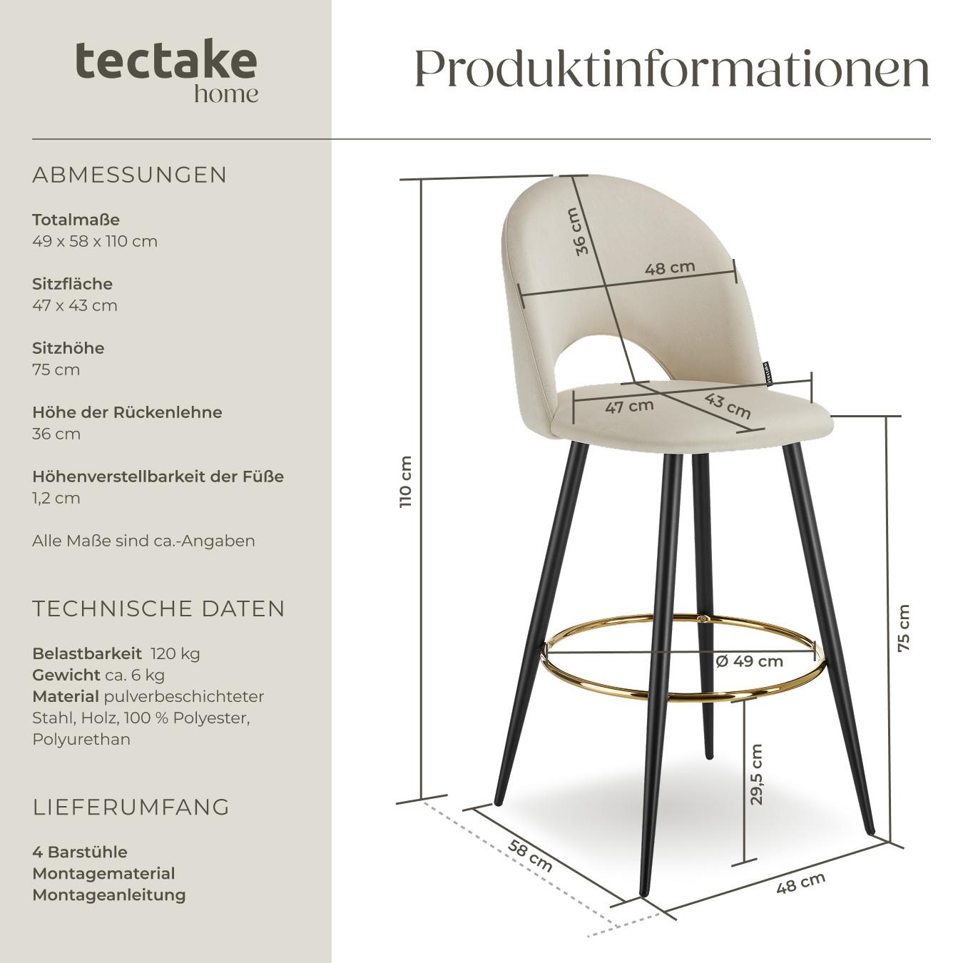 Tectake Barstuhl Sachel mit Rückenlehne, Samtoptik 4er Set
