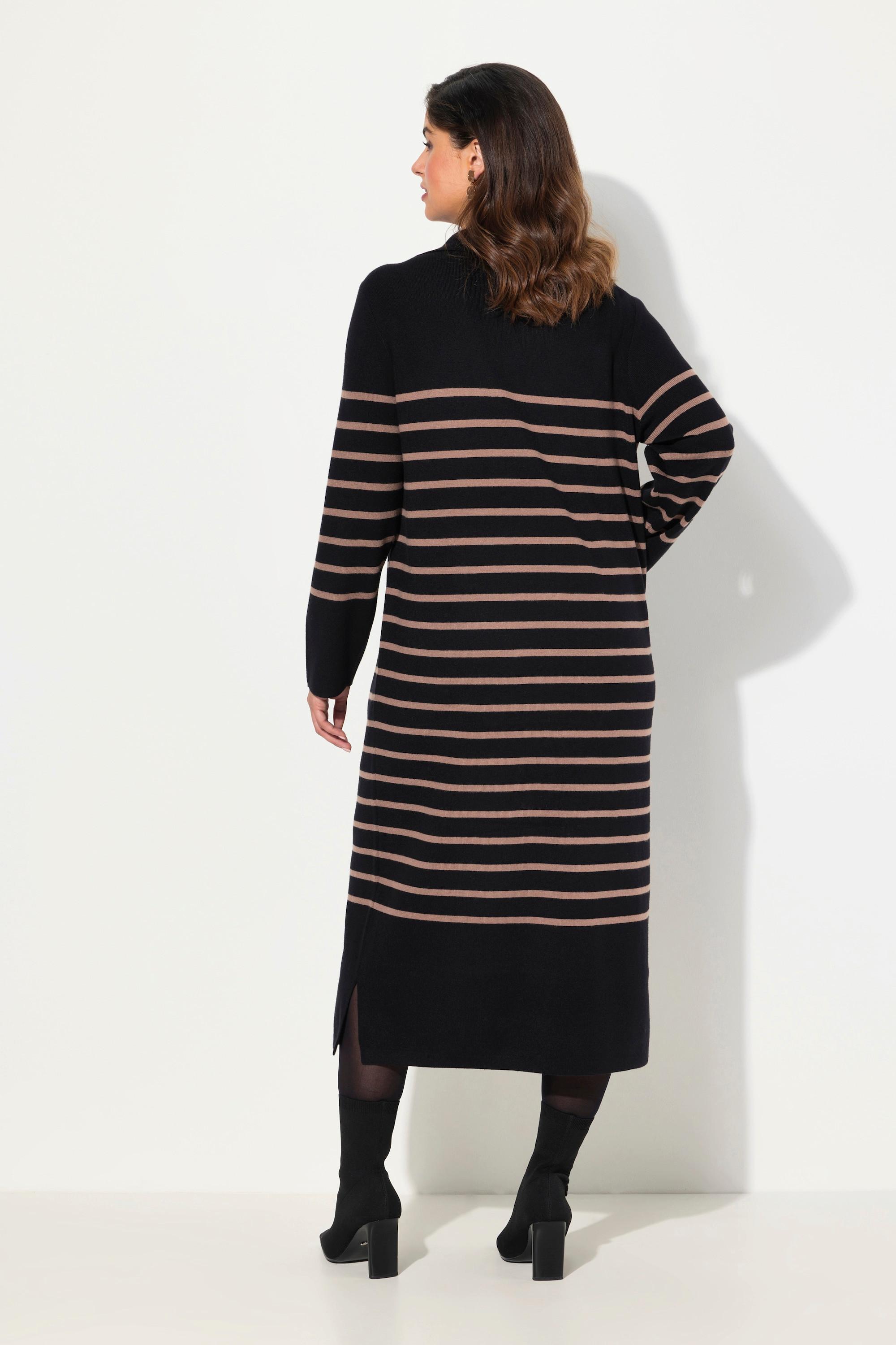 Ulla Popken Gestreiftes Strick Midikleid mit Kragen V-Ausschnitt Langarm