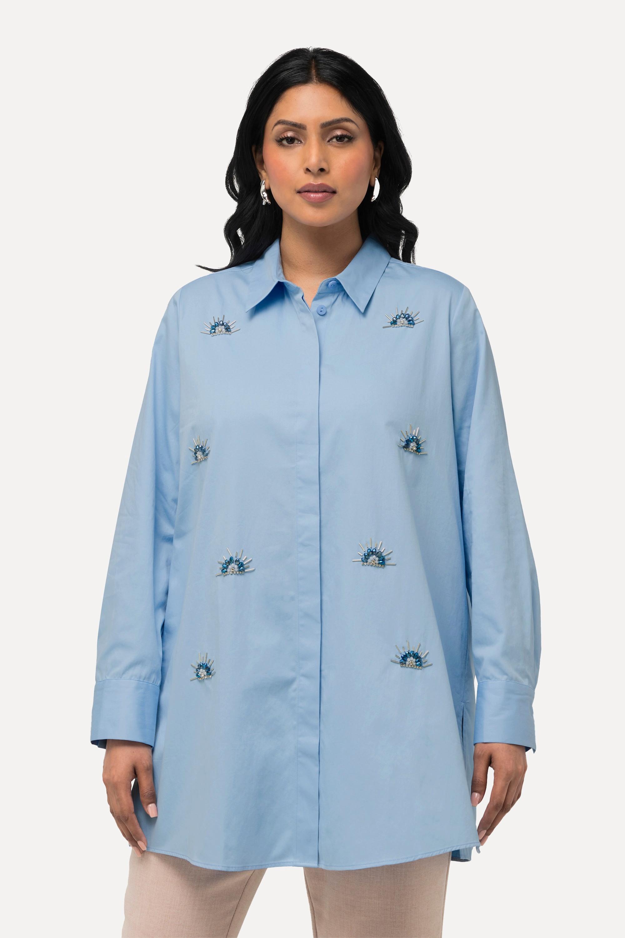 Ulla Popken Hemdbluse Stickerei Perlen Langarm