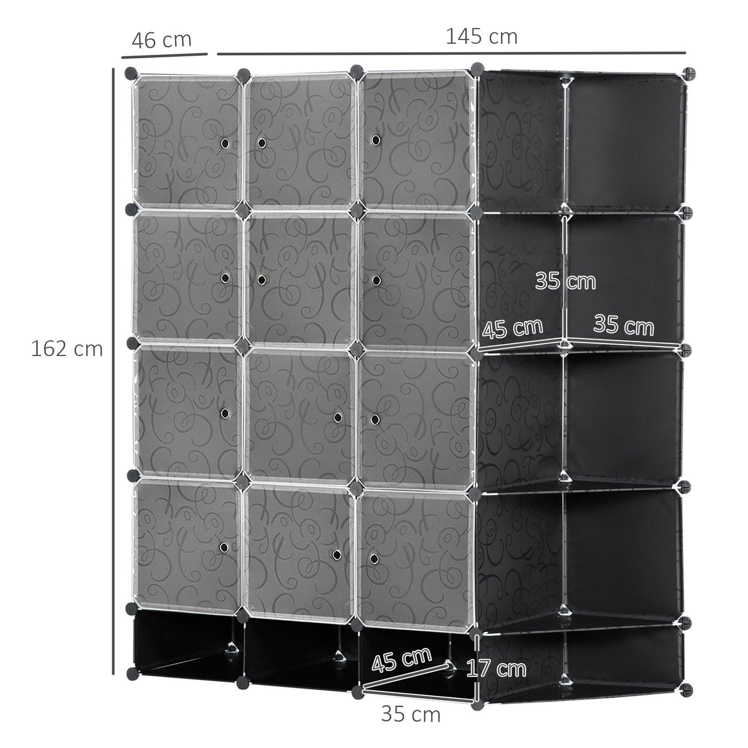 Northio DIY Kleiderschrank Regalsystem mit 16 Fächern und 2 Stangen DIY-Würfelregal, Aufbewahrungsregal für Kleidung, Schuhe, Schwarz 145 x 46 x 162 cm Aosom