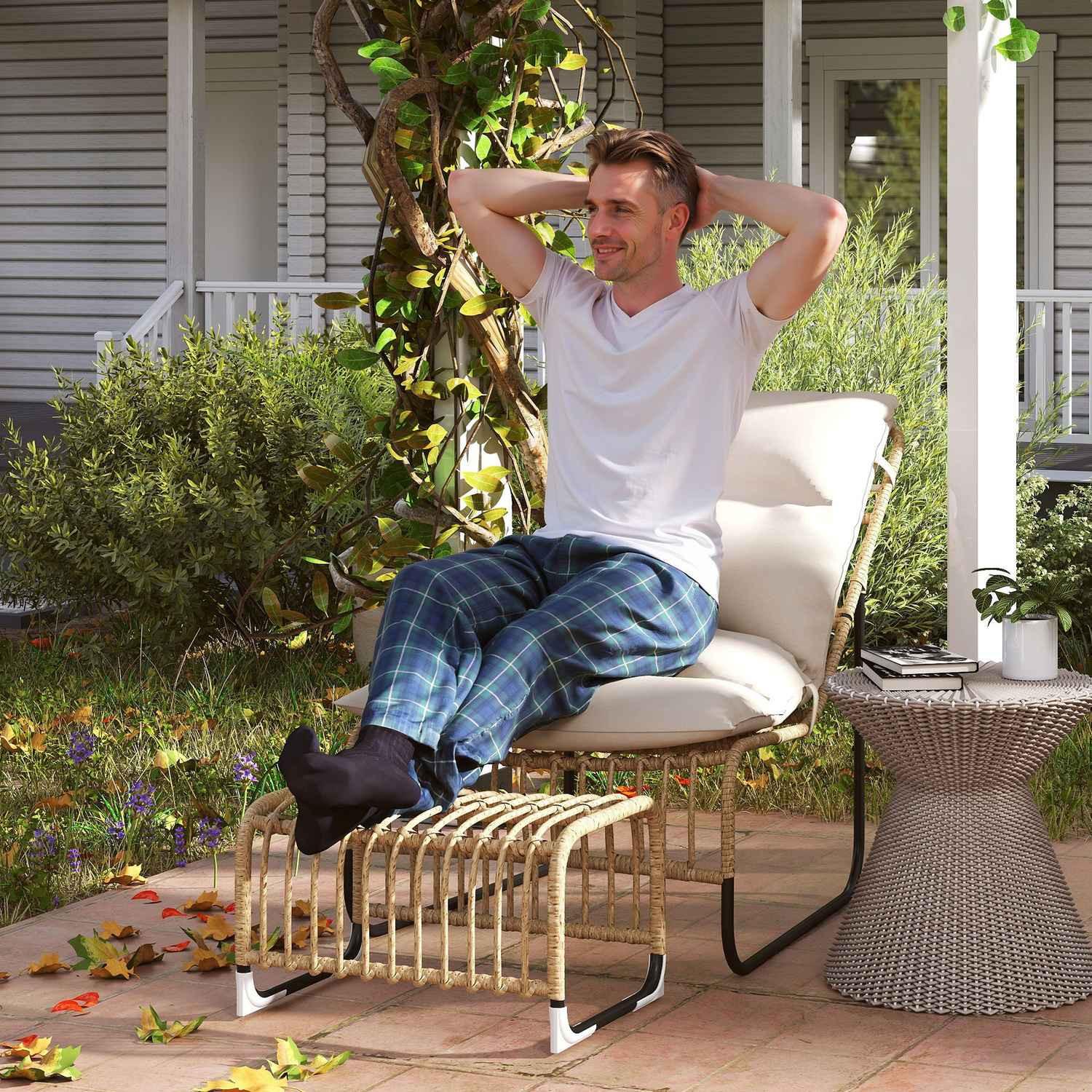 Northio Rattan Relaxsessel mit Fußhocker UV-beständig Gartensessel mit Kissen Bänder Outdoor Rattanstuhl Gartenstuhl für Garten, Balkon, Terrasse Naturholz Aosom