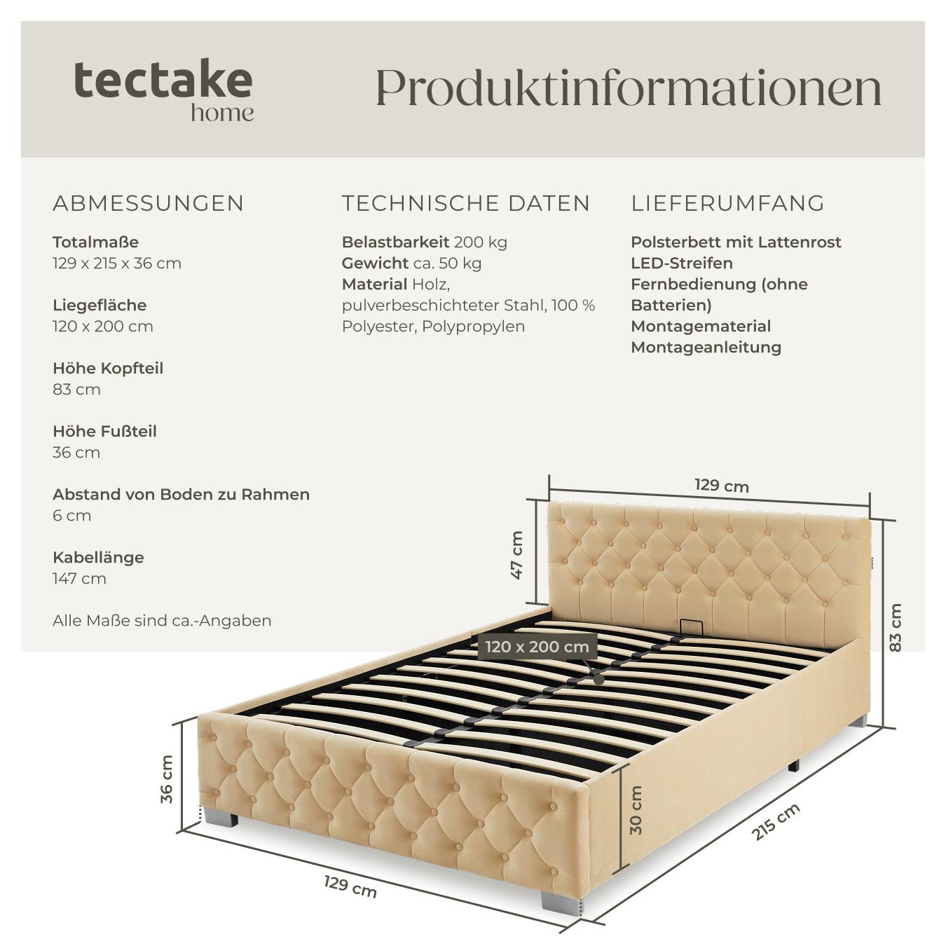Tectake Polsterbett mit LED-Leisten & Stauraum 120 x 200 cm