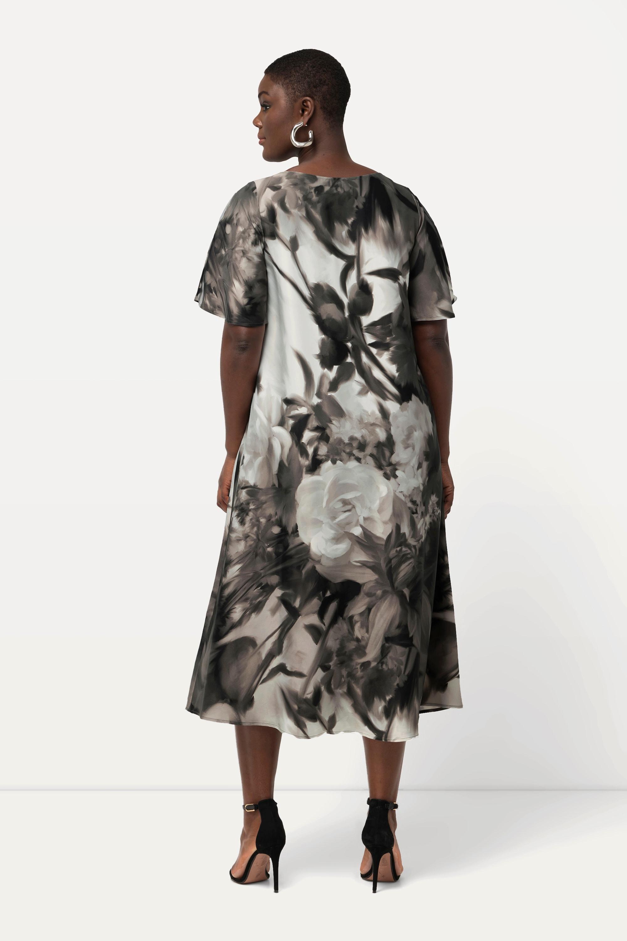 Ulla Popken Midikleid Blüten Ziersteine V-Ausschnitt Halbarm