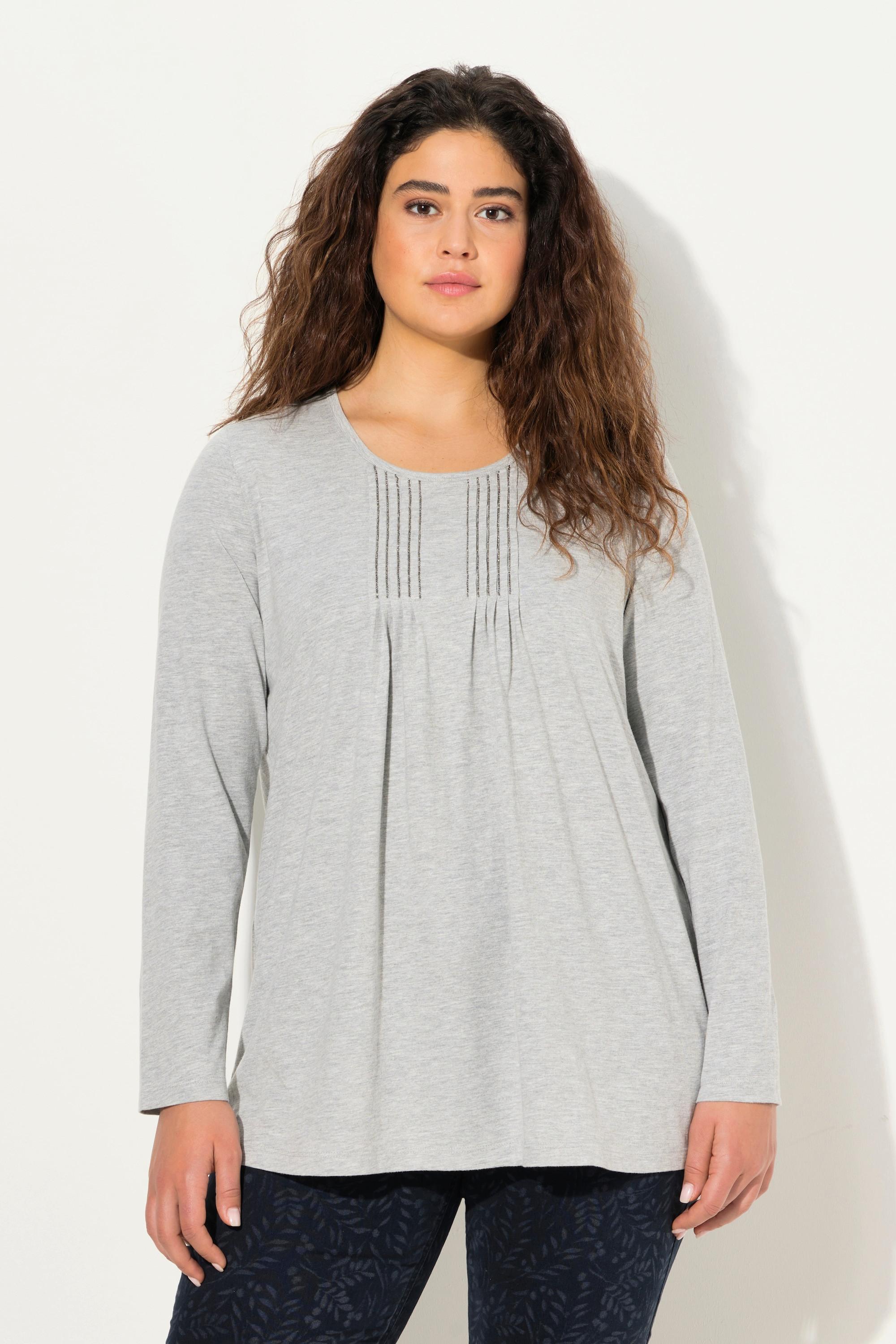 Ulla Popken A-Linie Langarm Falten Perlen T-Shirt