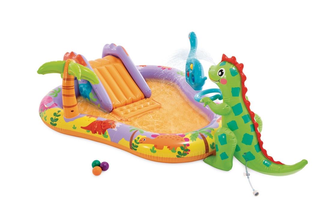 Intex Aufblasbarer Pool für Kinder, Wasserspielplatz, 201 x 157 x 69 cm, Rutsche, Springbrunnen, Dinosaurier, INTEX 56139