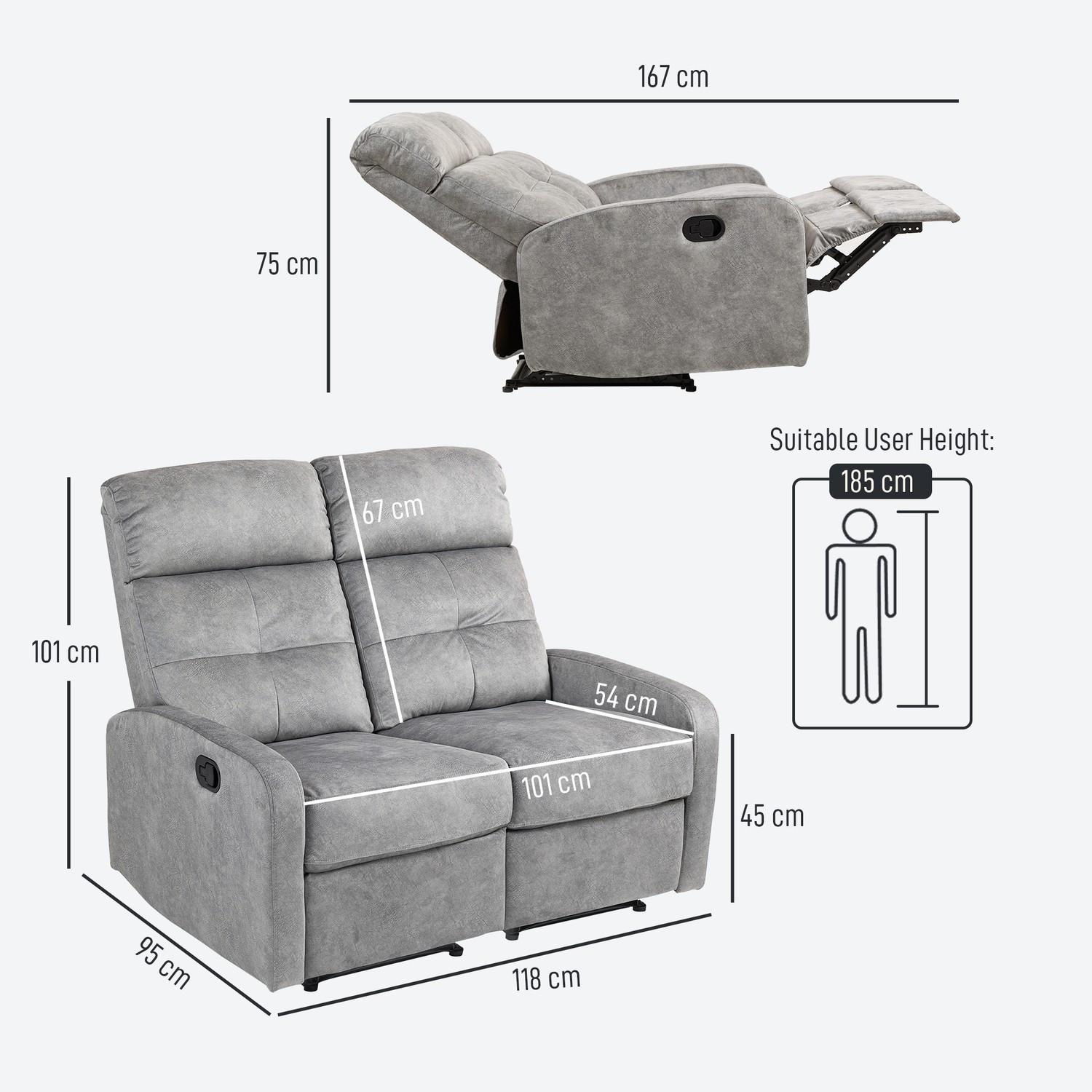 Northio Fernsehsessel Relaxsessel mit Liegefunktion, 2 Sitzer Sofa TV-Sessel mit Taschenfederkern, Zweisitzer Kinosessel mit Fußablage für Wohnzimmer, Schlafzimmer, Grau Aosom