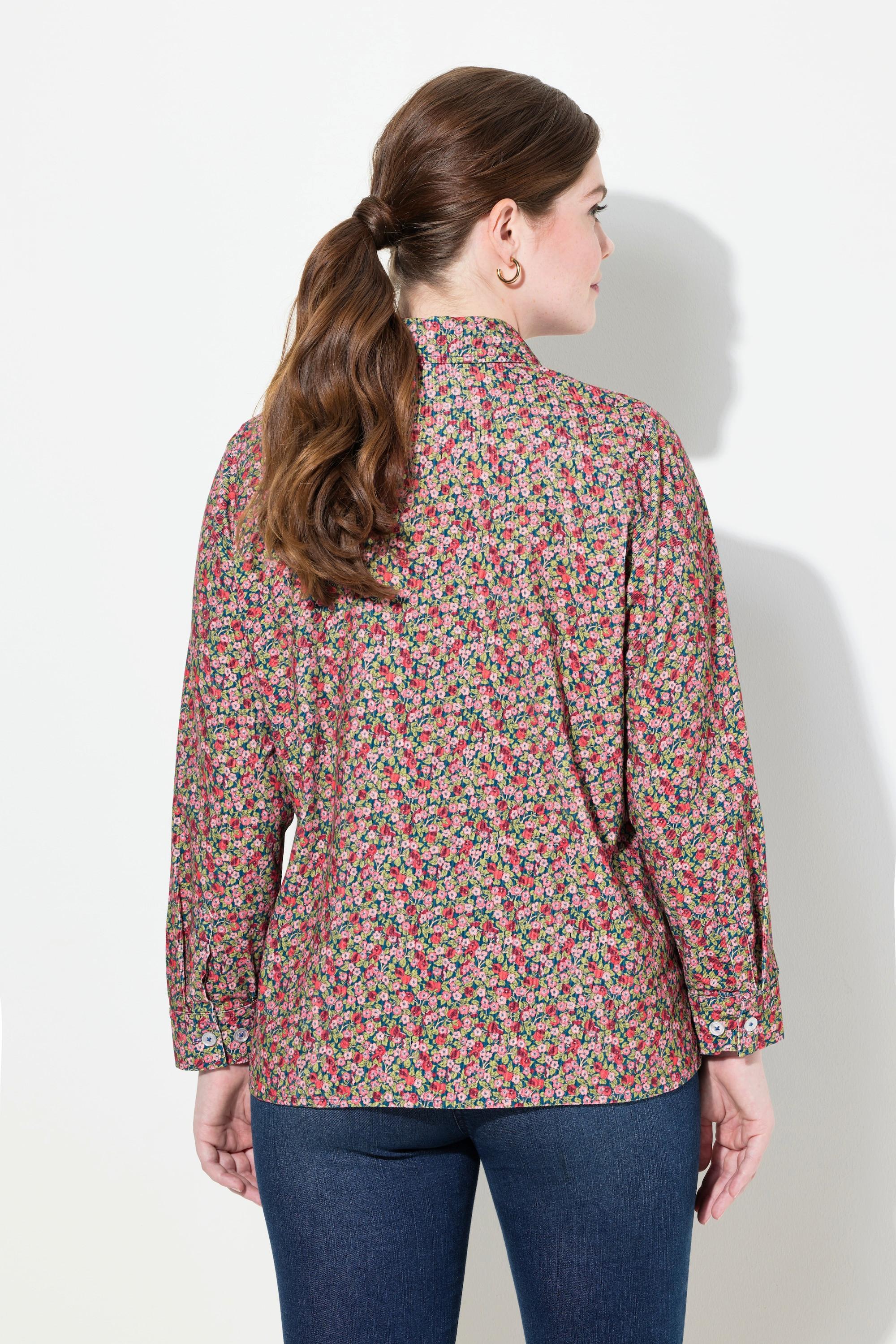 Ulla Popken Cordbluse mit floralem Druck und Hemdkragen