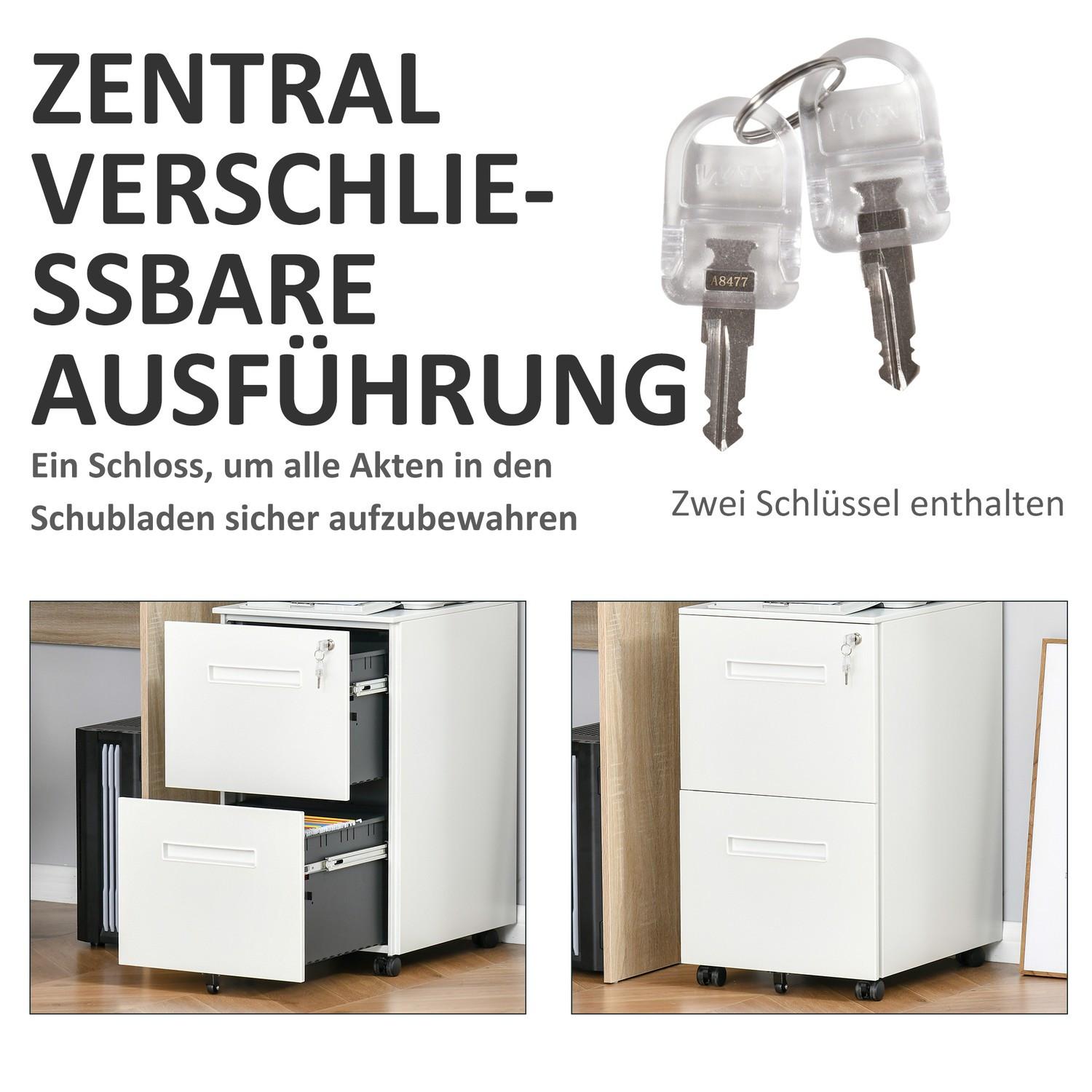 Northio Rollcontainer Aktenschrank Mit 2 Schubladen, Abschließbar, Rollen, A4, Stahl