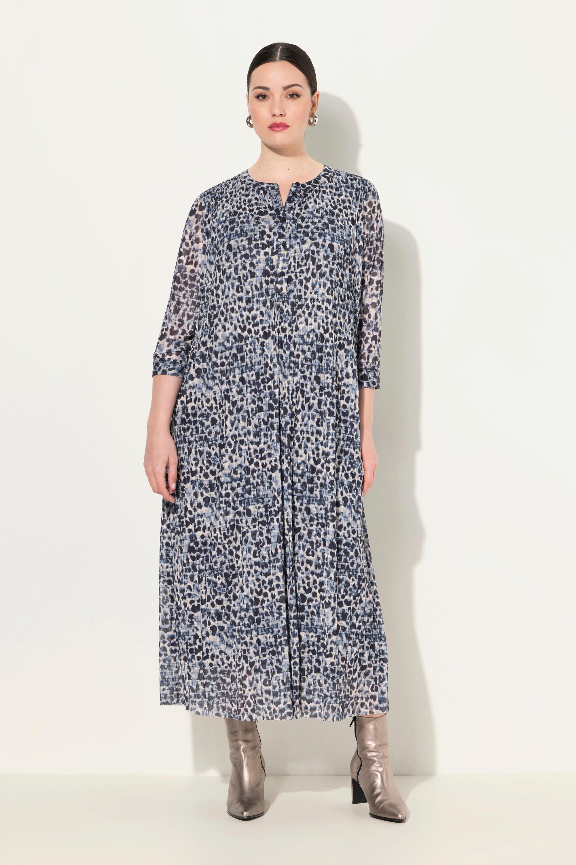 Ulla Popken Mesh Maxikleid Leomuster doppellagig Rundhals 3/4 Arm
