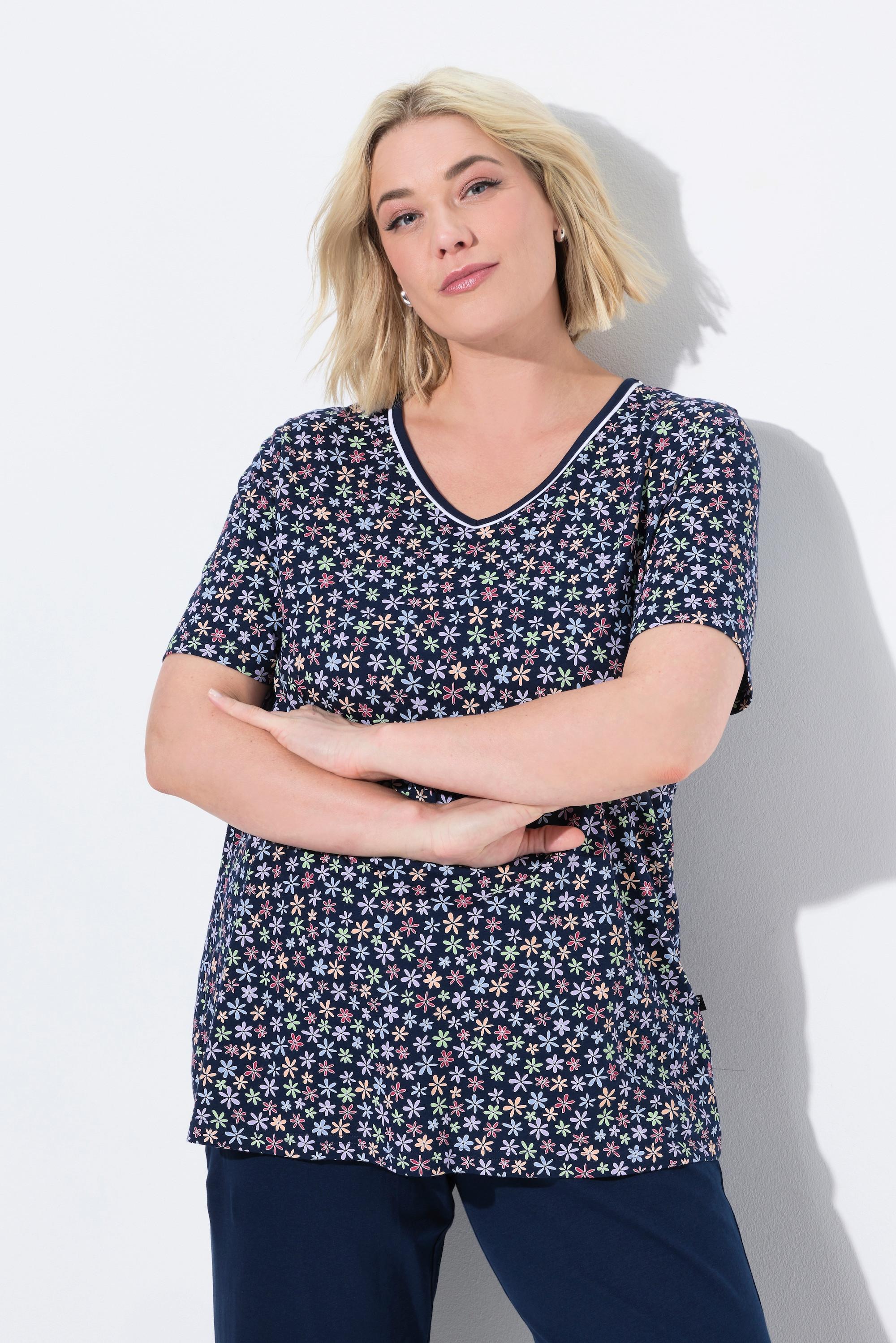 Ulla Popken Pyjamashirt, Blüten, V-Ausschnitt, Halbarm