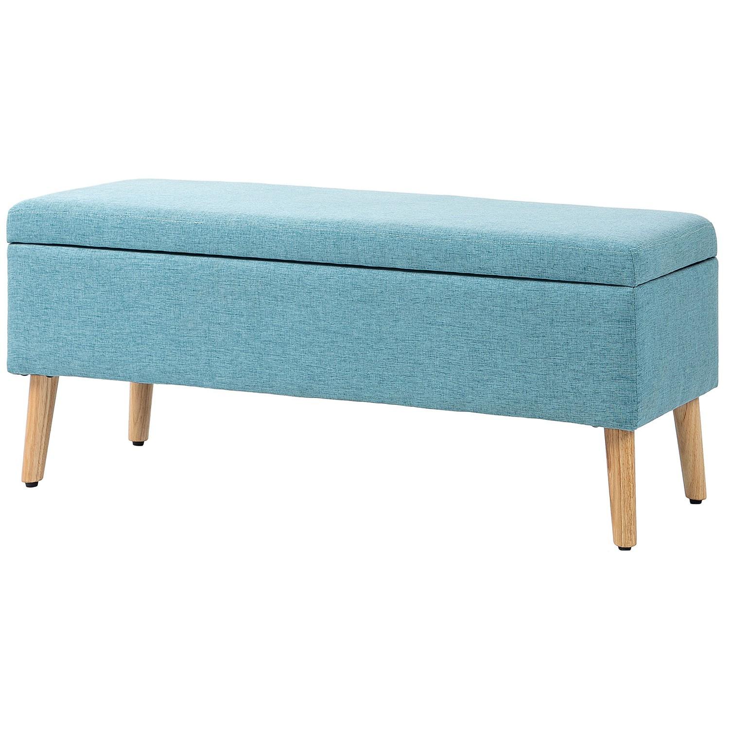 Northio Sitzbank Polsterbank mit Stauraum Bettbank mit Leinenoptik für Flur Schlafzimmer Wohnzimmer Gummiholz Blau 110 x 39 x 45 cm