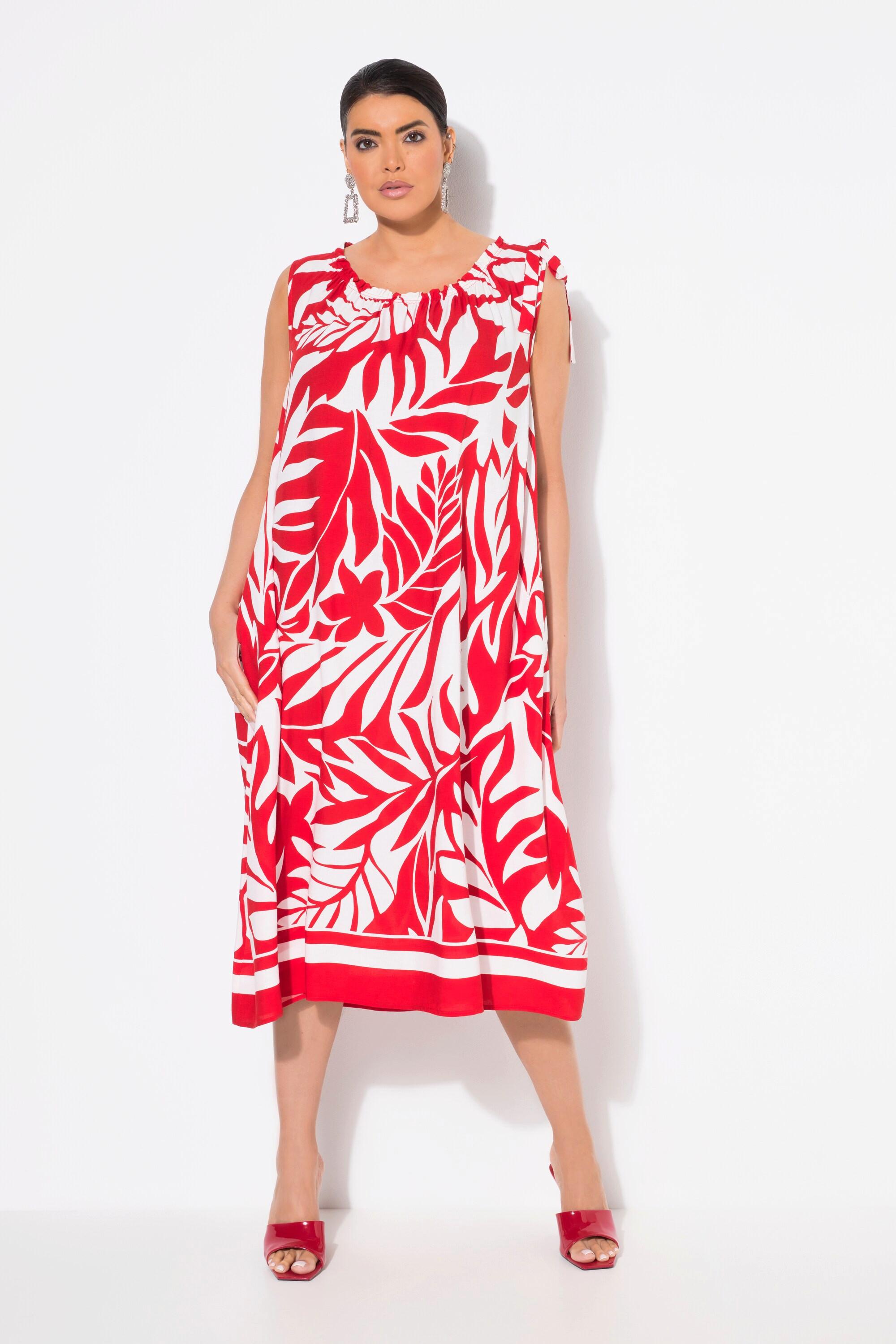 Ulla Popken Midikleid Blätter geraffter Rundhals ärmellos