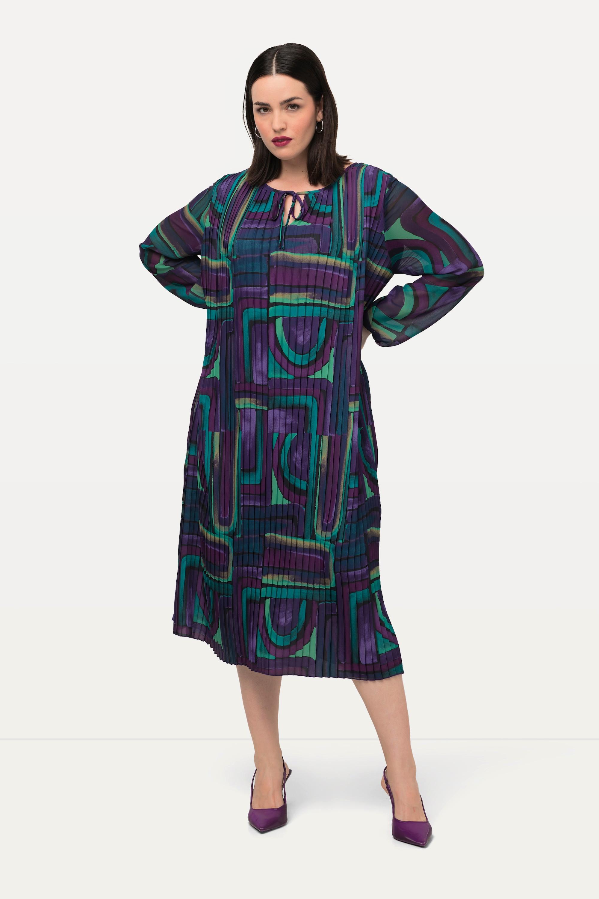Ulla Popken Plissee Midikleid A-Linie Tunika-Ausschnitt Langarm