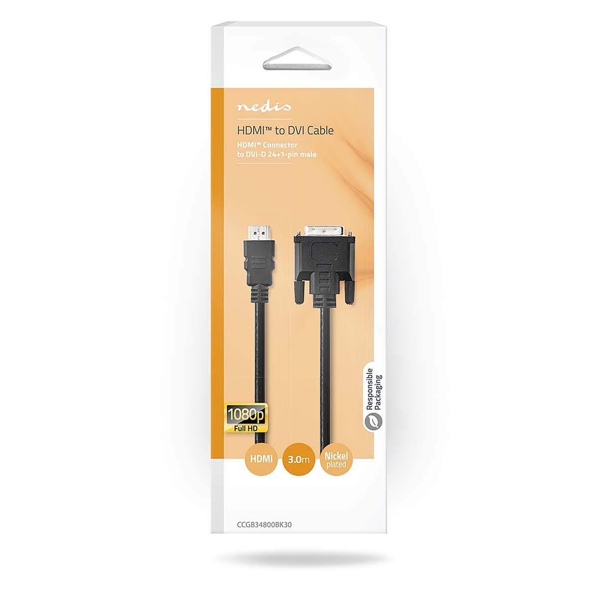 Nedis HDMI™ Kabel | HDMI™ Stecker | DVI-D 24+1-Pin Male | 1080p | Vernickelt | 3,00 m | Gerade | PVC | Schwarz | Boxen