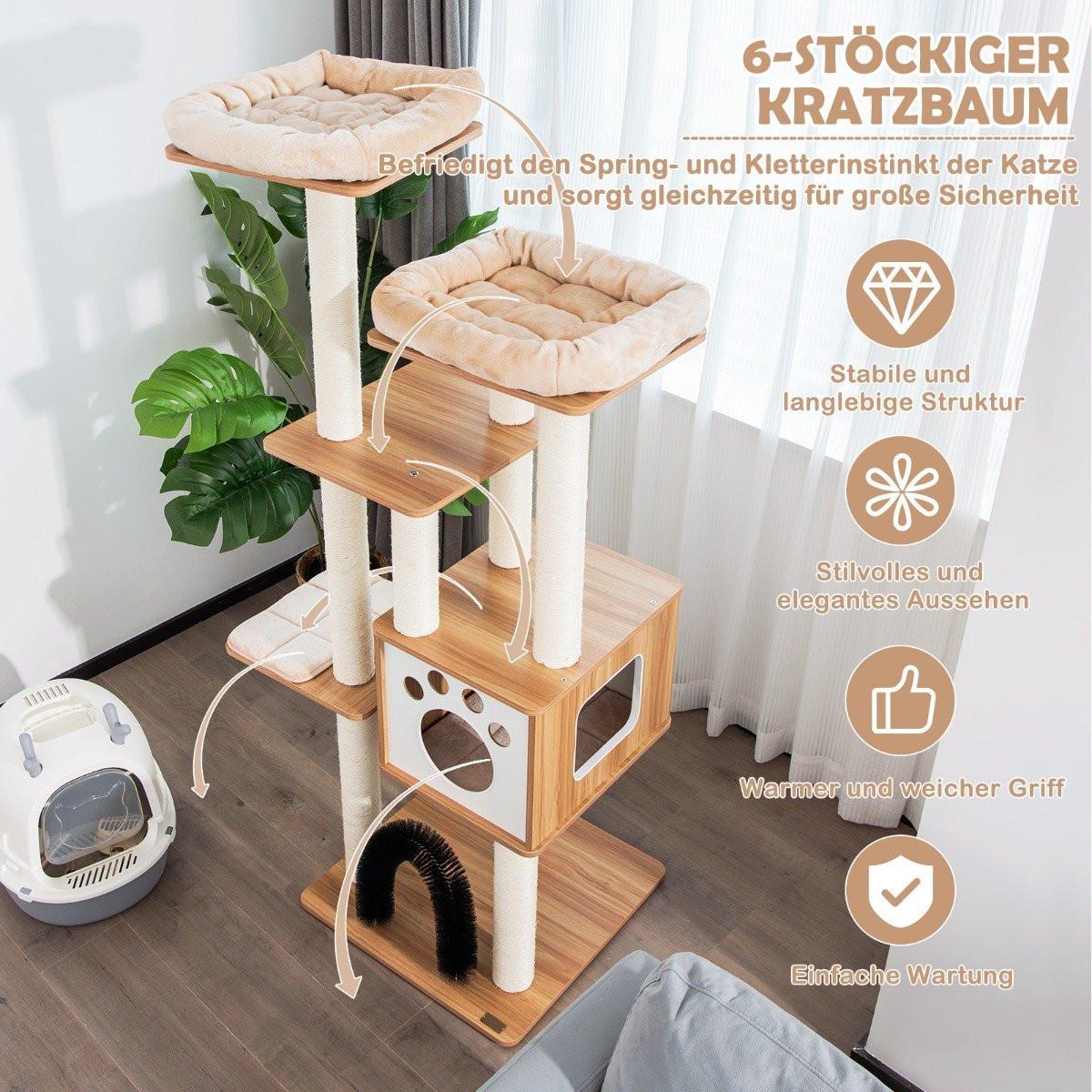 B2X 6-stöckiger Kratzbaum mit Gemütlicher Matten & Höhle & Katzenbogen Beige